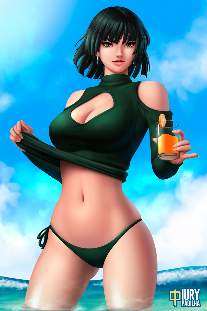 1girls, alternate costume, black hair, black-haired female, breasts, female, female only, fubuki (one-punch man), iury padilha, one-punch man, outdoors, outside, panties, solo, tagme, water
