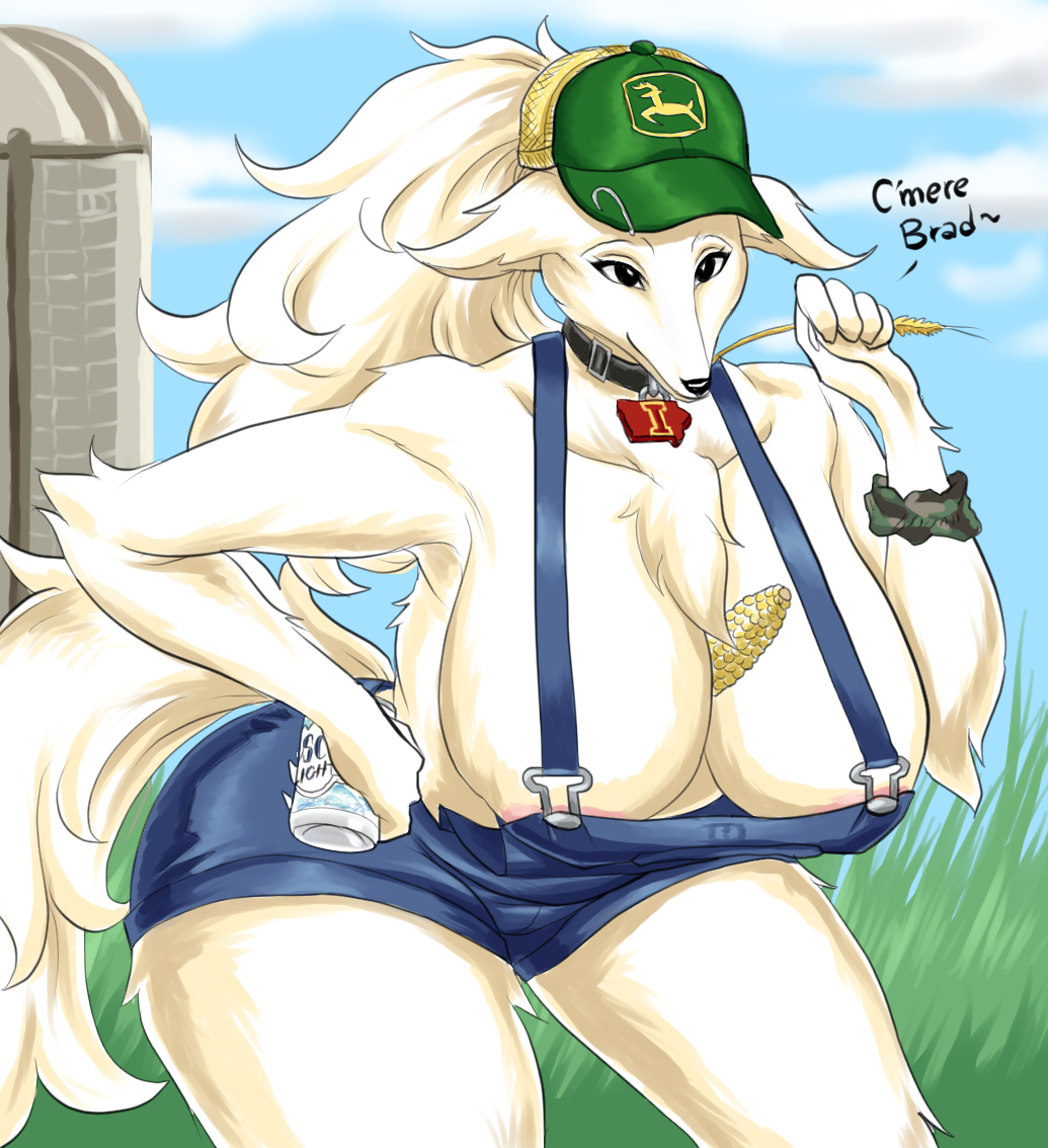 1girls anthro areola_slip bent_over black_eyes breasts canine collar corn dialogue dog_ears dog_tail domestic_dog english_text farm female female_only fur furry furry_only hat imperiumdraws long_hair looking_at_viewer overalls ponytail smiling smiling_at_viewer solo solo_female tail text thick_thighs white_fur white_hair