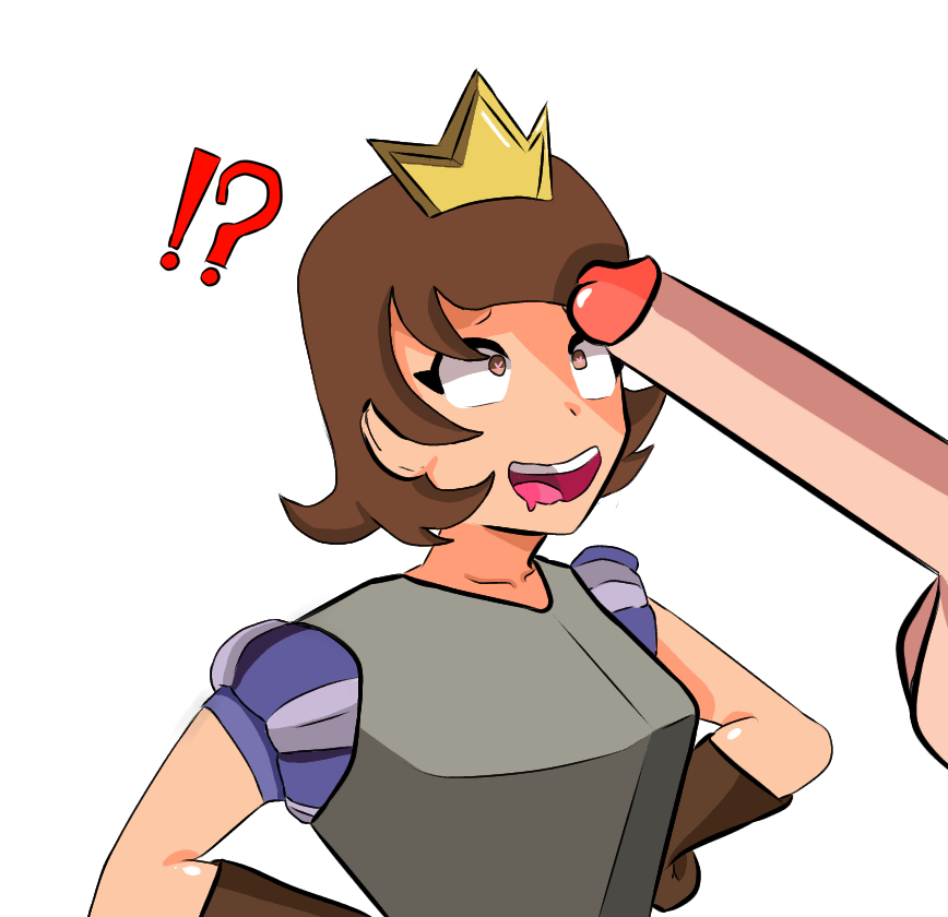 !? 1boy 1girls big_penis brown_eyes brown_hair clash_(series) clash_royale clothed clothed_female clothing crast crown drool drooling fully_clothed fully_clothed_female heart-shaped_pupils huge_cock huge_penis looking_at_penis mouth_open penis penis_awe presenting_penis princess_(clash_royale) supercell tagme