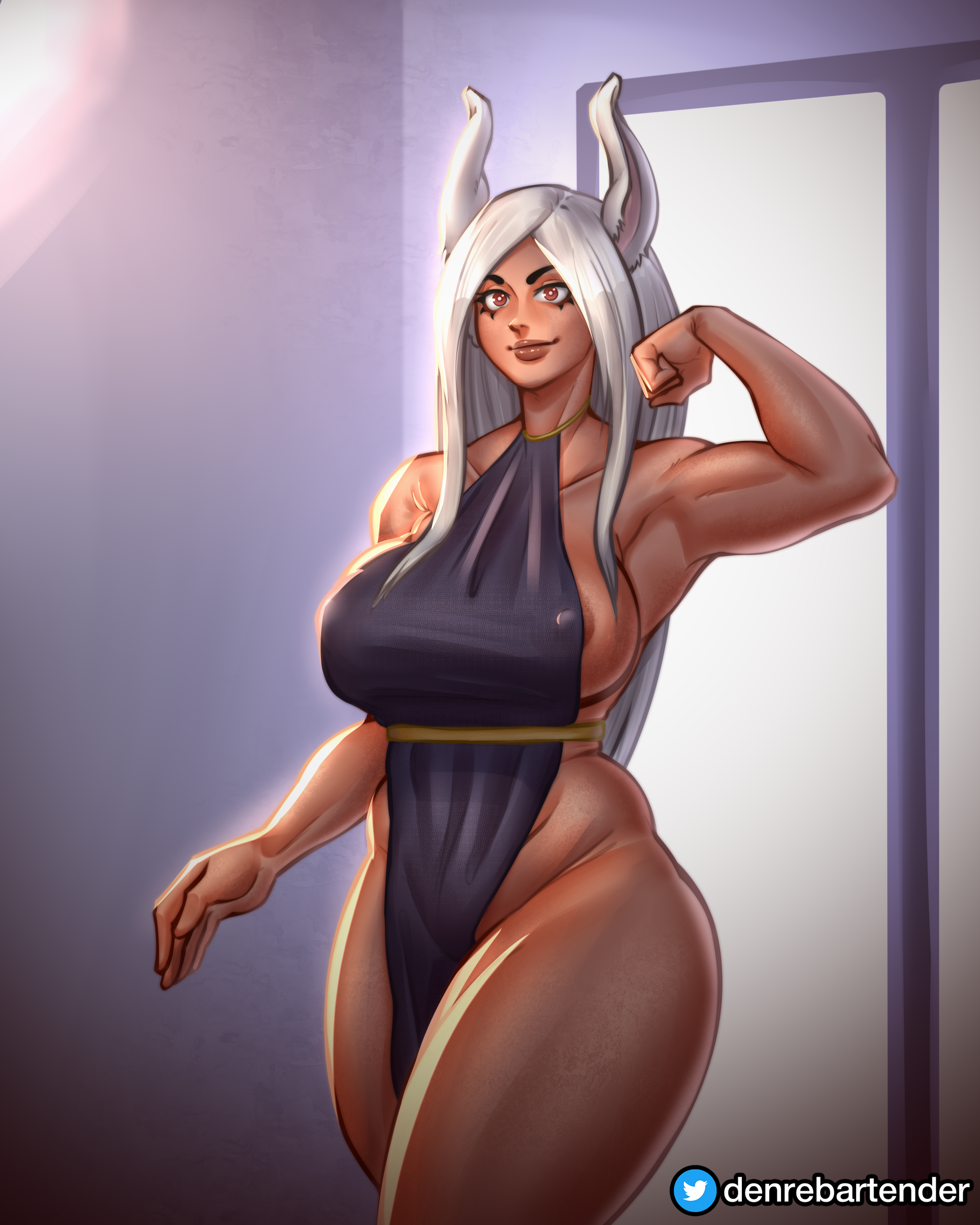 1girls, big breasts, breasts, brown body, clothing, dark skin, dark-skinned female, denre, female, huge breasts, miruko, my hero academia, red eyes, rumi usagiyama, sideboob, thick thighs, thighs, white hair