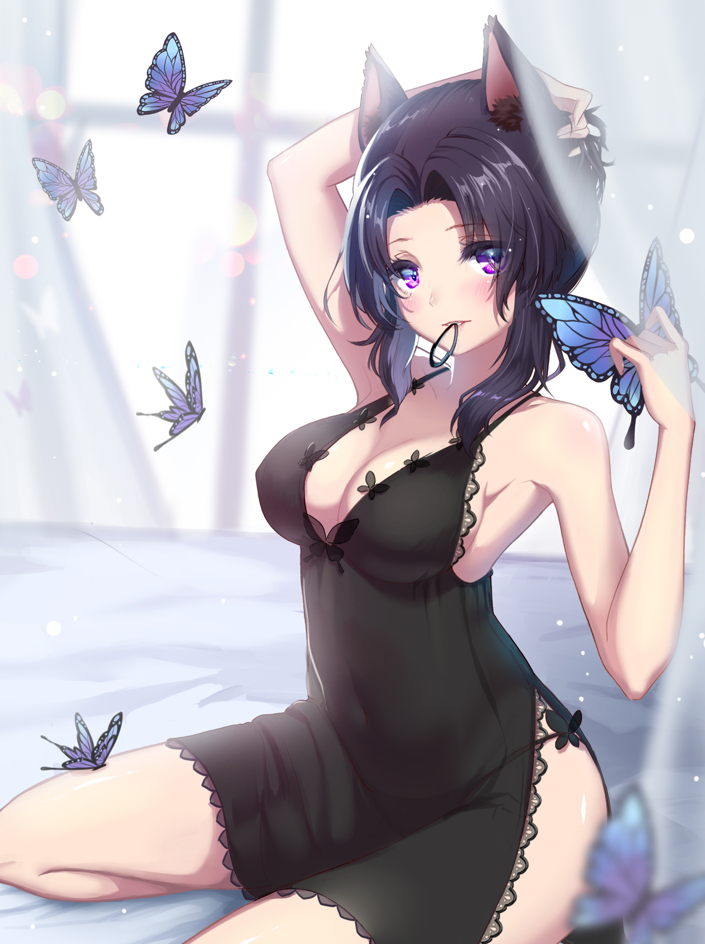 alternate costume, animal ears, arm up, black hair, blush, breasts, butterfly, butterfly hair ornament, cat ears, cleavage, demon slayer, female, female only, hand on head, kemonomimi, kimetsu no yaiba, kochou shinobu, lace, lingerie, looking at viewer, medium breasts, negligee, nightgown, purple eyes, sitting, solo, tying hair, xw kana