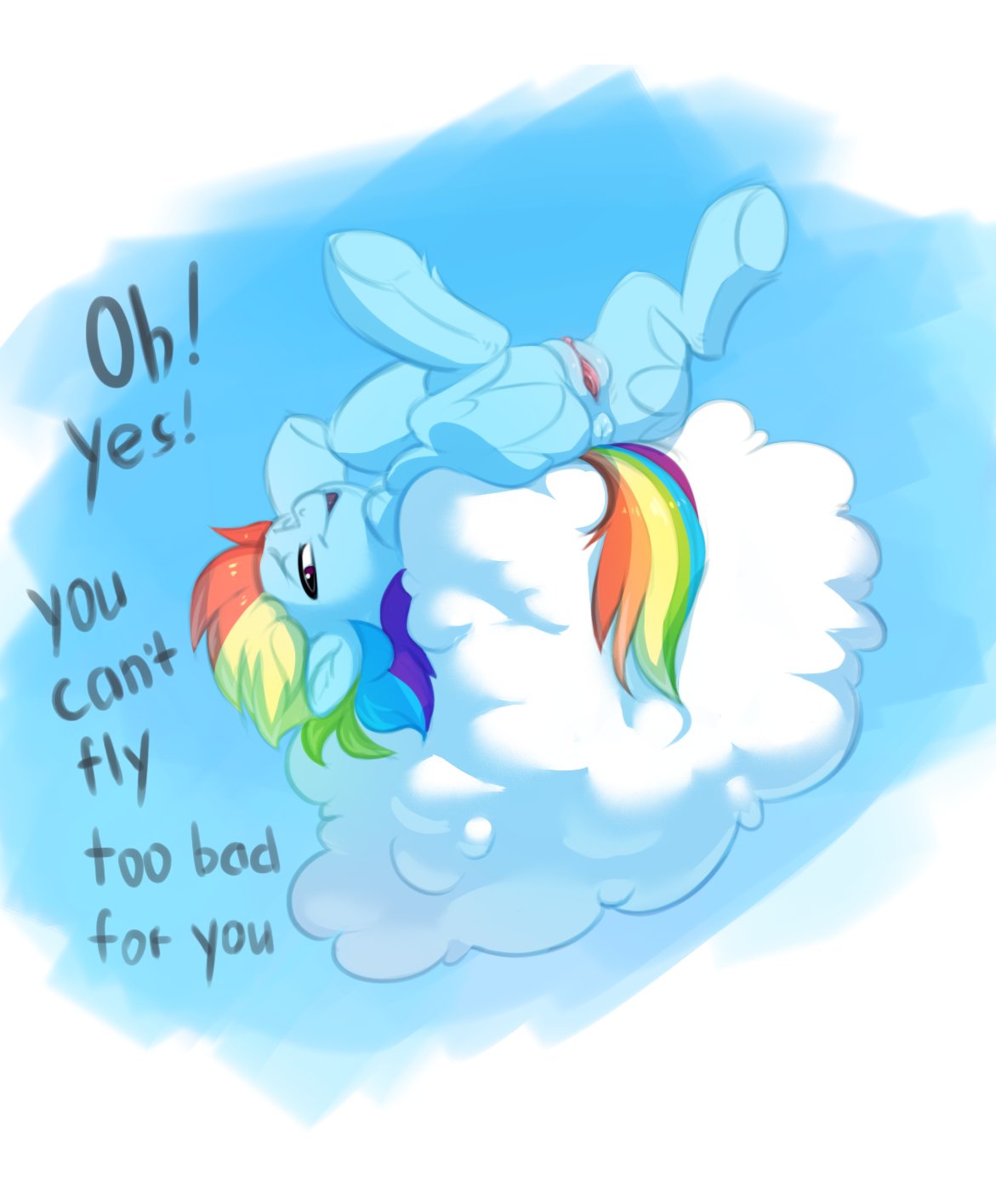 2021 anus ass blue_body cloud dialogue english_text equid equine feathers female feral friendship_is_magic genitals hair hasbro hi_res legs_up looking_at_viewer lying mammal multicolored_hair multicolored_tail my_little_pony nude on_back pegasus presenting presenting_pussy pussy rainbow_dash_(mlp) rainbow_hair rainbow_tail simple_background solo spread_butt spread_legs spreading talking_to_viewer teasing text vistamage wings