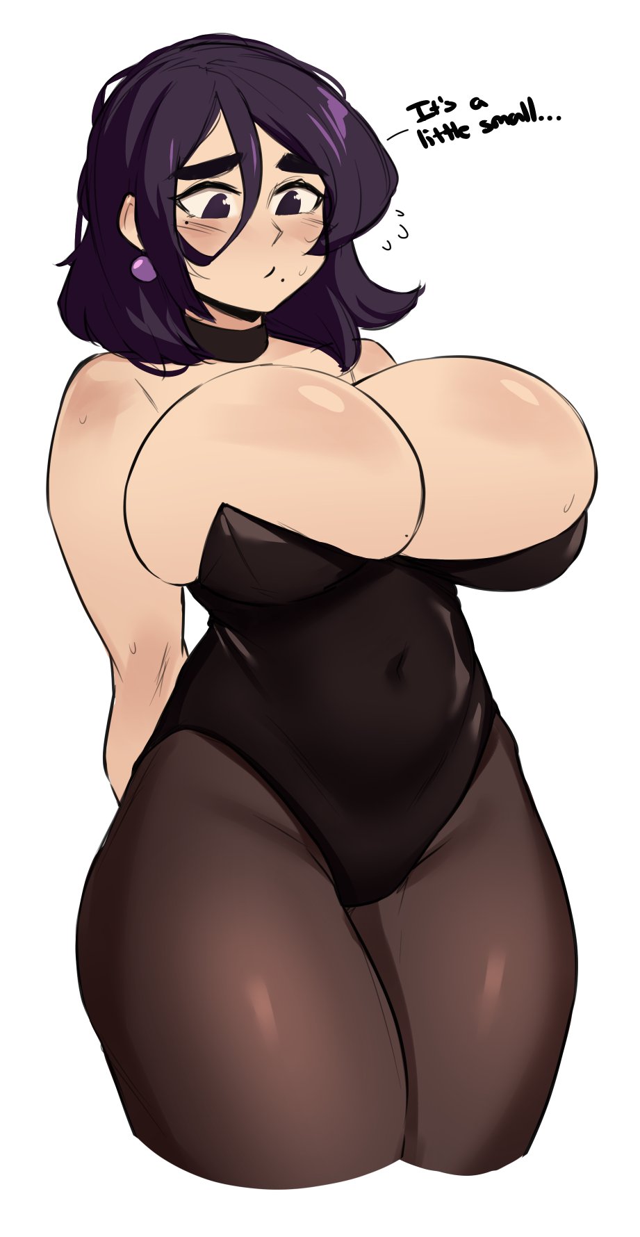 1girls, big breasts, breasts, breasts bigger than head, bulging breasts, bunnysuit, bursting breasts, busty, cleavage, earring, english text, female, female only, huge breasts, massive breasts, mole, mole on breast, mole under eye, mole under mouth, natsumi (roresu), original, overflowing breasts, purple hair, roresu, solo, top heavy