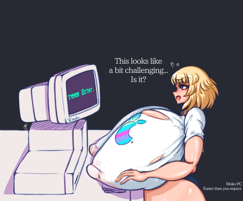 aomokoka, breasts, breasts bigger than head, clothed, computer, female, gigantic breasts, huge breasts, hyper breasts, nipple bulge, nipples, non-nude, original character, puffy nipples, torn clothes