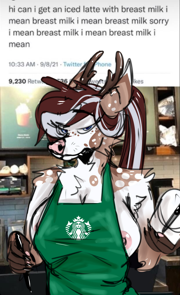 anthro bedroom_eyes big_breasts breasts brown_body brown_fur brown_hair cervid clothing container cup detailed_background digital_media_(artwork) female fur hair horn i_mean_breast_milk iced_latte_with_breast_milk looking_at_viewer mammal meme narrowed_eyes nipples pencil_(object) seductive shirojackote solo starbucks text twitter