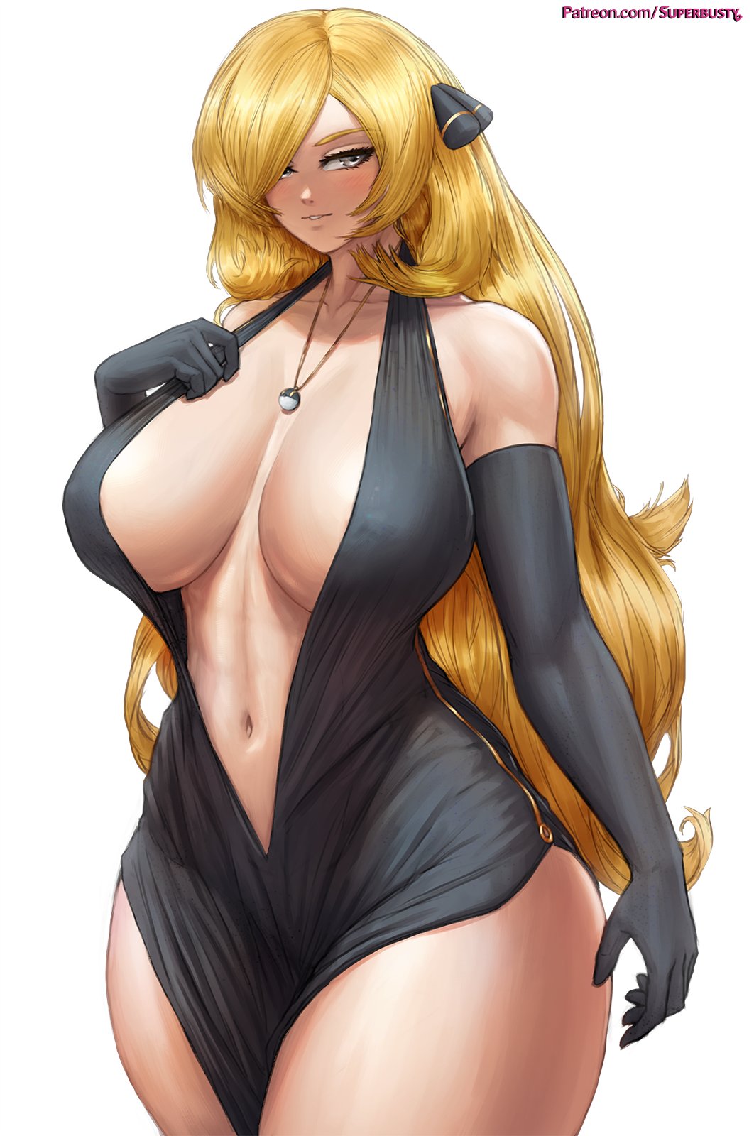 1girls, 2022, alternate ass size, alternate breast size, armwear, artist signature, belly button, big breasts, black dress, blonde hair, blush, breasts, busty, child bearing hips, cleavage, cleavage dress, clothed, cynthia (pokemon), dress, elbow gloves, elegant, elegant dress, female, female only, grey eyes, hair ornament, hair over one eye, hips, huge breasts, large breasts, long gloves, long hair, looking at viewer, low neckline, mature, mature female, naughty face, navel, necklace, nintendo, pokemon, pokemon dppt, pokemon trainer, simple background, skimpy, slim waist, smile, solo, suggestive look, superbusty, thick thighs, thighs, voluptuous, white background, wide hips