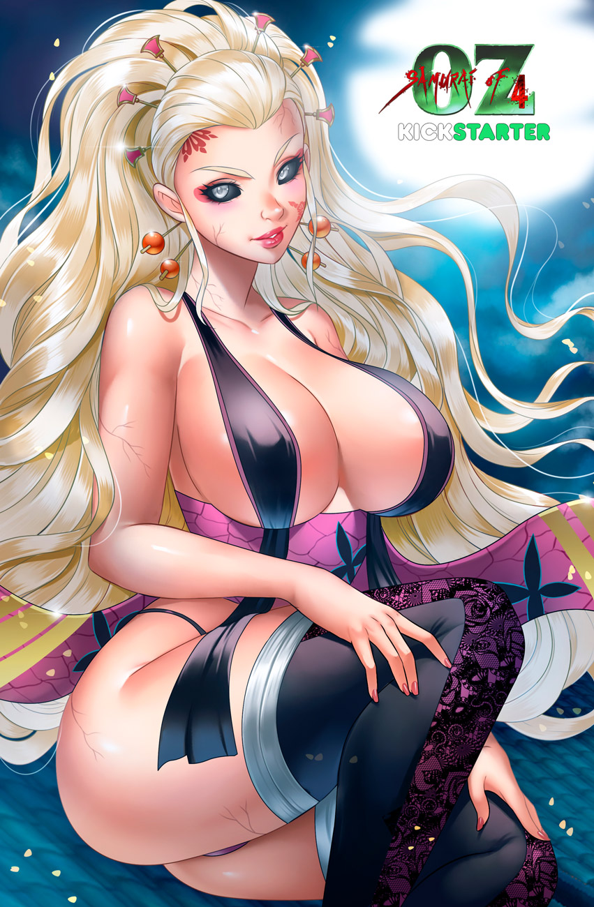 big_breasts black_sclera blonde_hair cleavage cosplay daki_(kimetsu_no_yaiba) daki_(kimetsu_no_yaiba)_(cosplay) dark_sclera demon_girl demon_slayer eyeshadow facial_markings female female_only hair_ornament huge_breasts kimetsu_no_yaiba lenadai lingerie lipstick long_hair makeup obi original_character platinum_blonde_hair sideboob silver_eyes solo thighhighs tied_hair veins very_long_hair