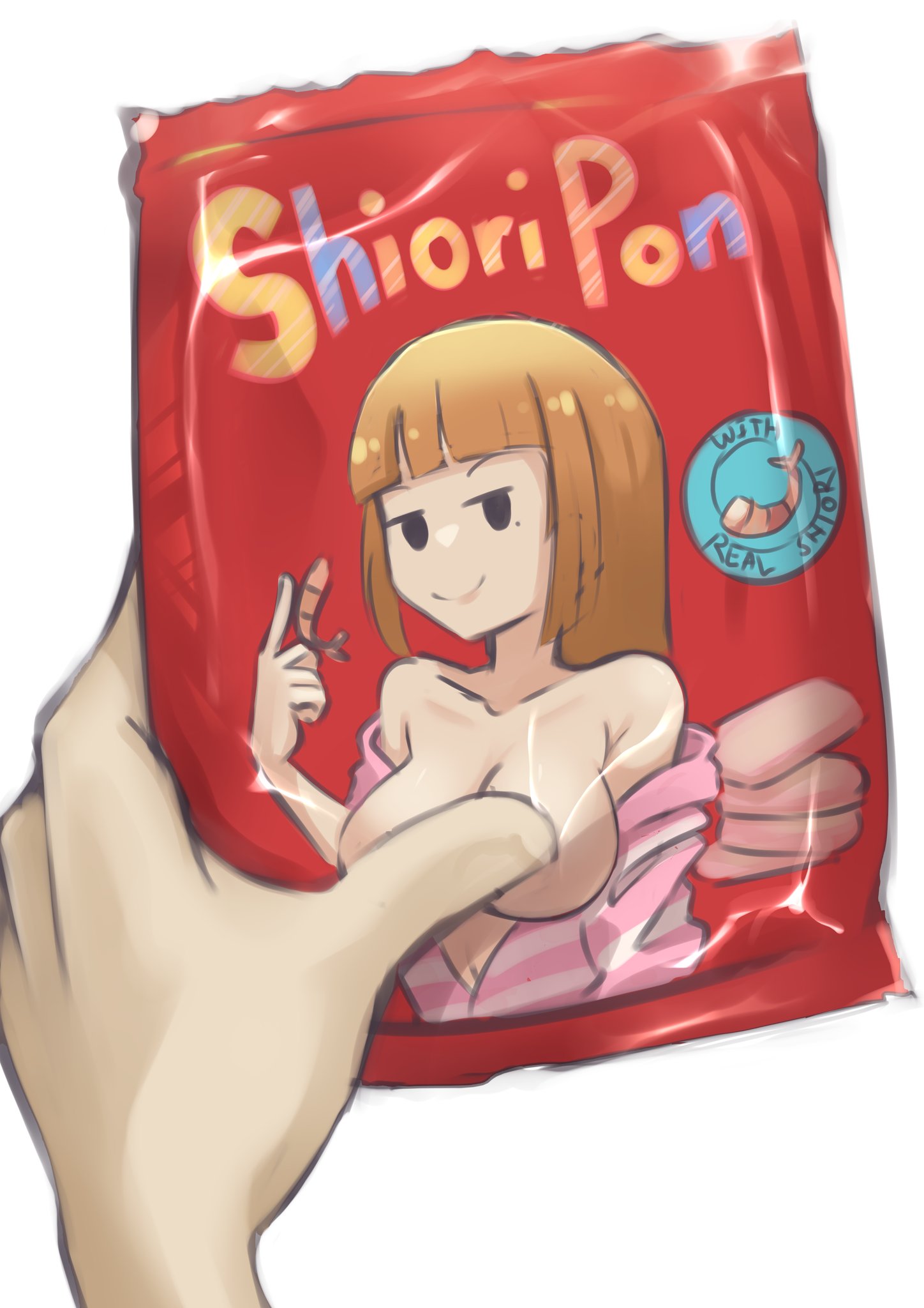 1girls big_breasts brown_hair cleavage cloverse6 food hood hoodie_only indie_virtual_youtuber mole mole_under_eye naked_hoodie parody shioripon shrimp snack upper_body virtual_youtuber white_background