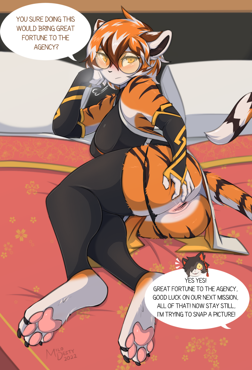 2022 4_toes 5_fingers aak_(arknights) anthro arknights barefoot bed black_body blush clothing english_text eyewear feet felid female fingers fur furniture genitals glasses hair hi_res hypergryph legwear lying mammal milodesty multicolored_body multicolored_fur multicolored_hair orange_body orange_fur orange_hair pantherine pillow presenting pussy solo_focus studio_montagne sunglasses text thigh_highs tiger tinted_eyewear toes video_games waai_fu_(arknights) white_body white_fur white_hair yellow-tinted_eyewear