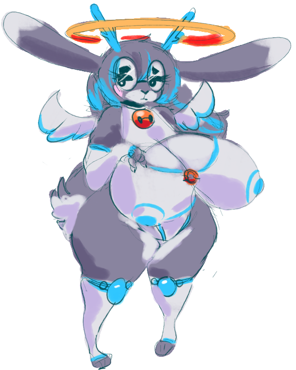 anthro bell bell_collar big_breasts blue_antlers breasts clothing collar female grey_body kiseff lagomorph leggings legwear looking_offscreen mammal multicolored_body solo thick_thighs white_clothing white_leggings white_legwear wide_hips