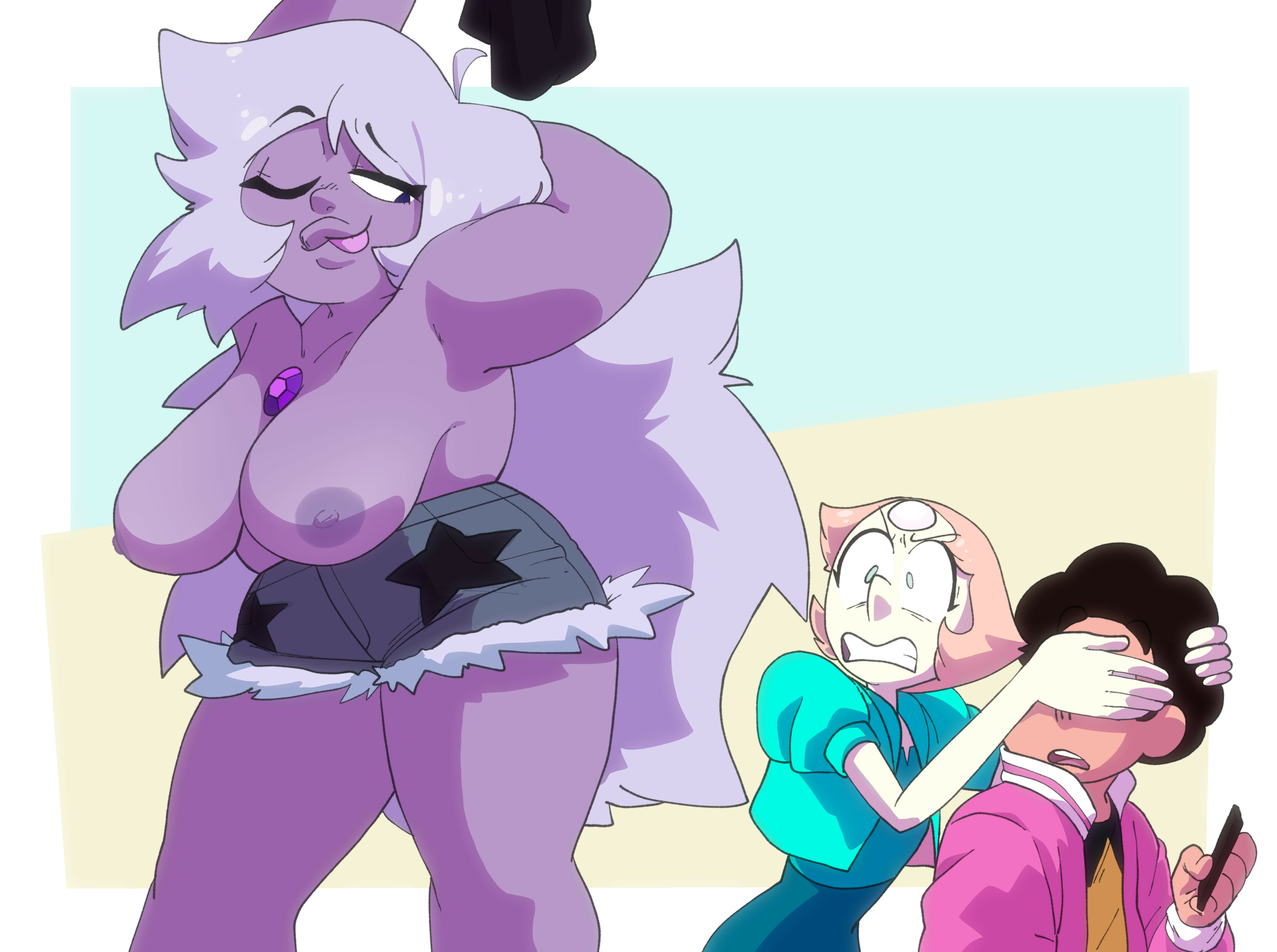 1boy, 2girls, amethyst (steven universe), big breasts, breasts, cellphone, chubby, covering eyes, dark nipples, female, gem (species), hanging breasts, huge breasts, inker comics, inkershike, lavender hair, long hair, male, nipples, no shirt, one eye closed, pearl (steven universe), purple skin, short shorts, shorts, shortstack, steven quartz universe, steven universe, teasing, thick lips, thick thighs, tongue, tongue out, topless