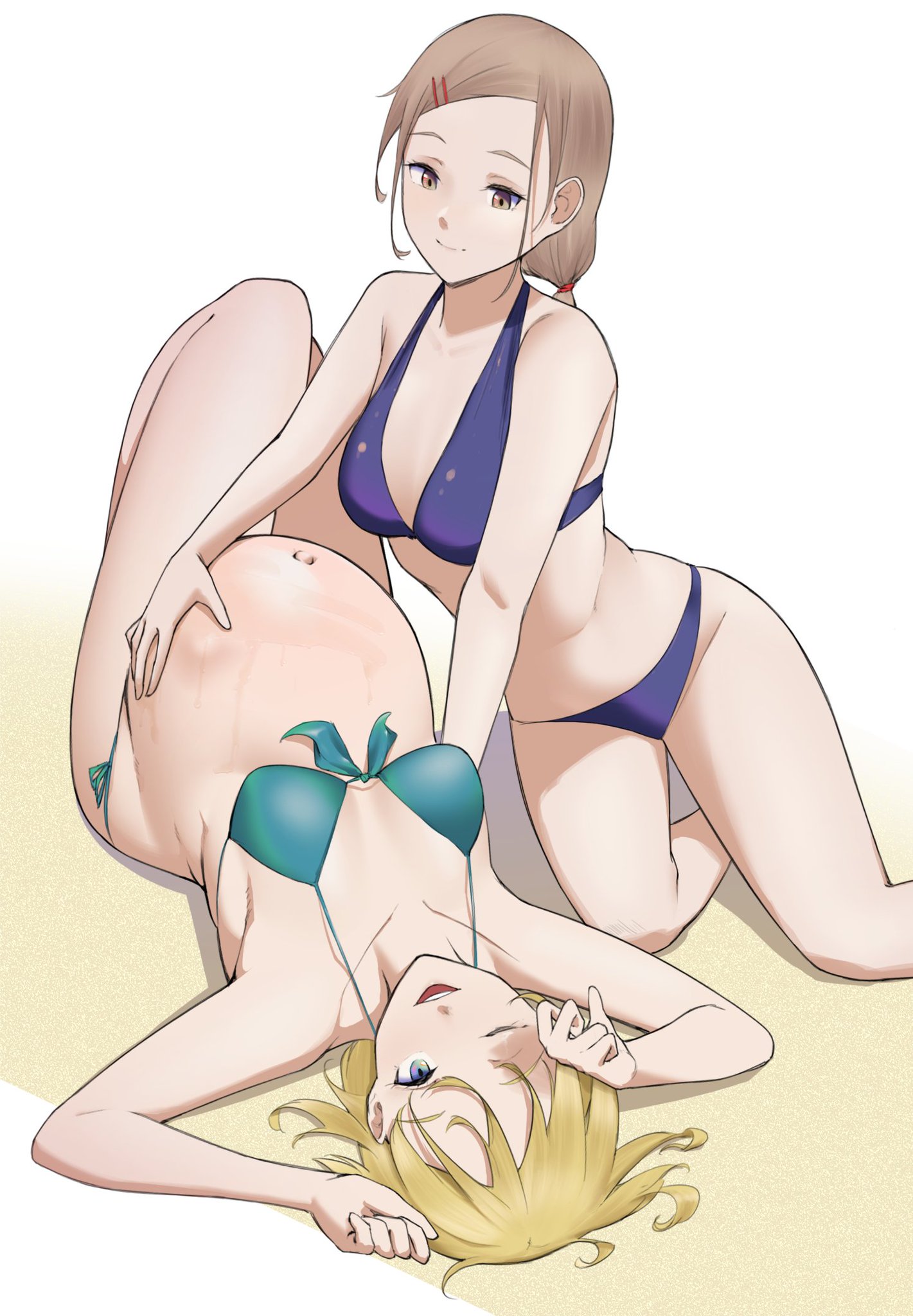 2girls, bikini, blonde hair, clothed, clothed female, clothing, duo, female, female only, hand on belly, human, inonice01, light skin, light-skinned female, lying, lying on back, mostly nude, multiple females, non-nude, on back, on knees, pale skin, pregnant, ready to pop, sitting, tagme, yuri