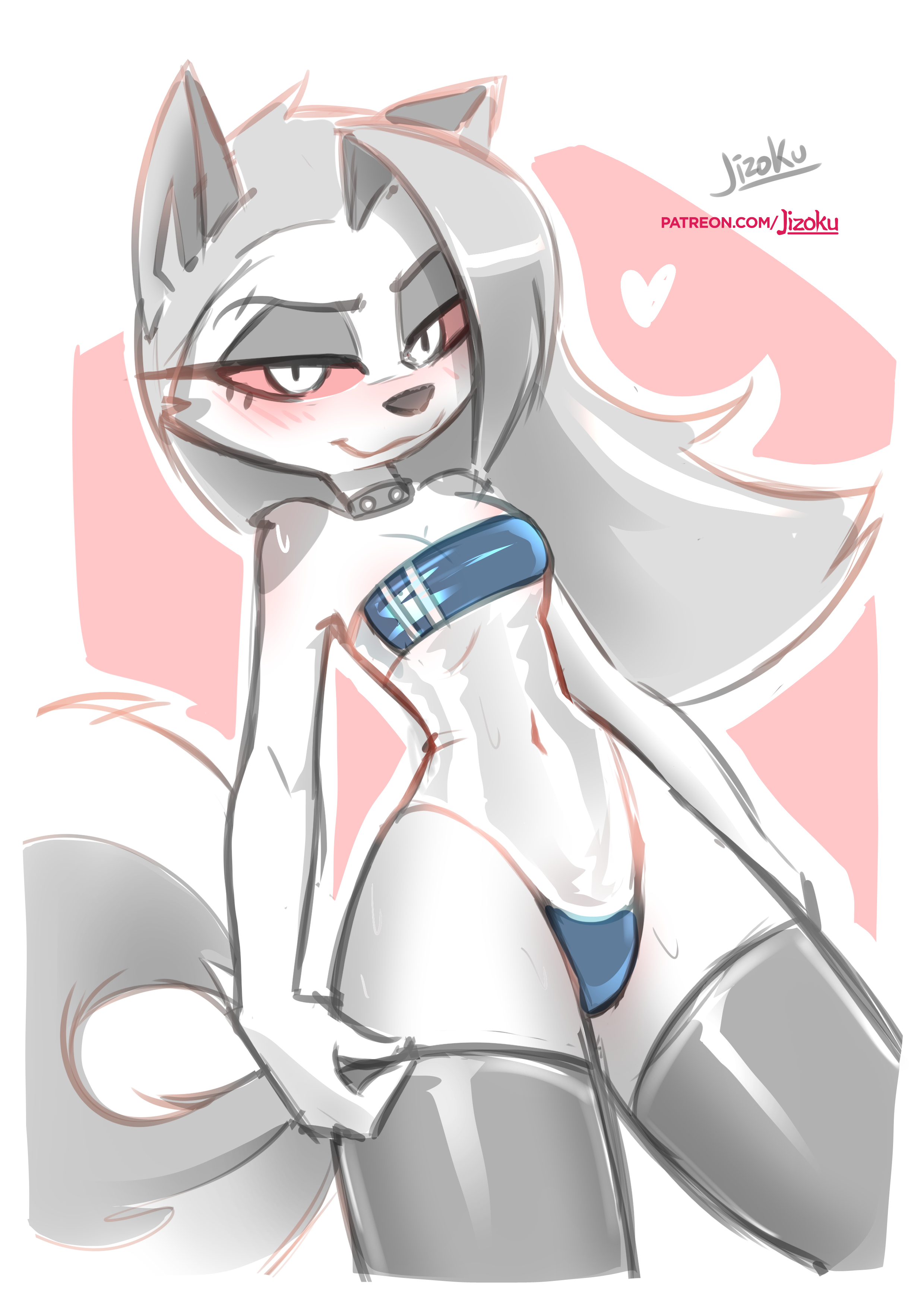1girls, anthro, blush, blushing, breasts, canine, choker, collar, female, furry, goth girl, gris swimsuit, heart, helluva boss, jizoku, long hair, looking at viewer, loona (helluva boss), small breasts, sweat, sweatdrop, swimsuit, thigh highs, thighhighs, wolf ears, wolf girl, wolf tail