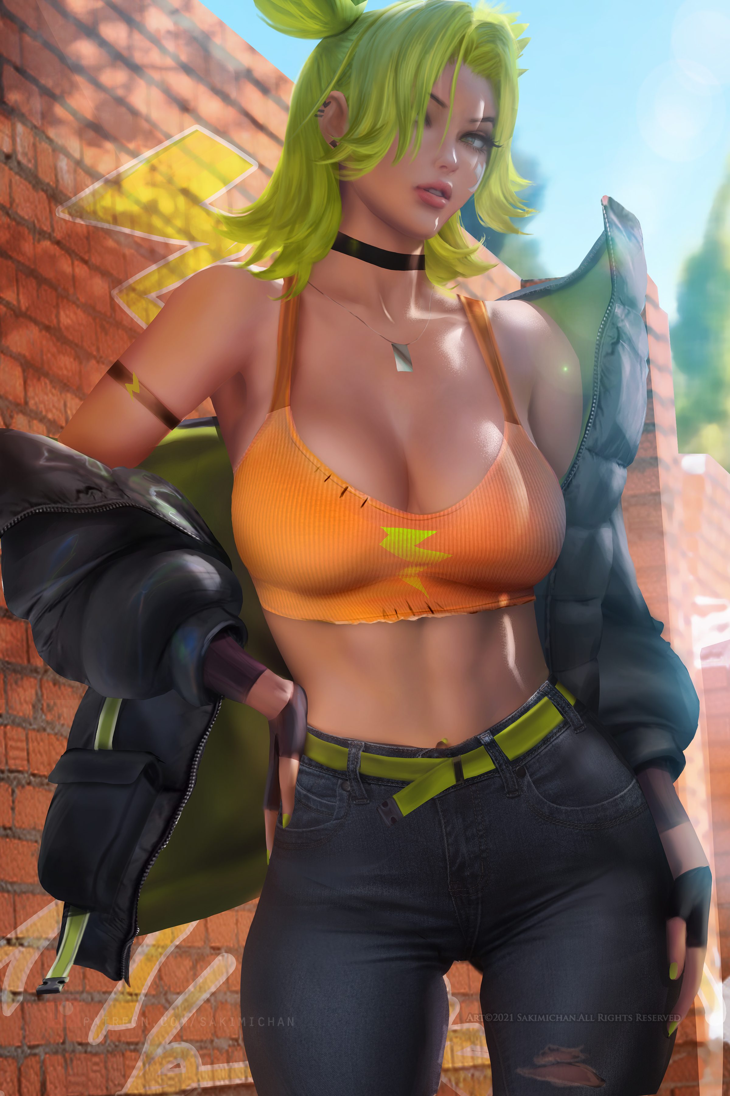ass visible through thighs, big breasts, breasts, female, hourglass figure, league of legends, riot games, sakimichan, thick thighs, zeri (league of legends)