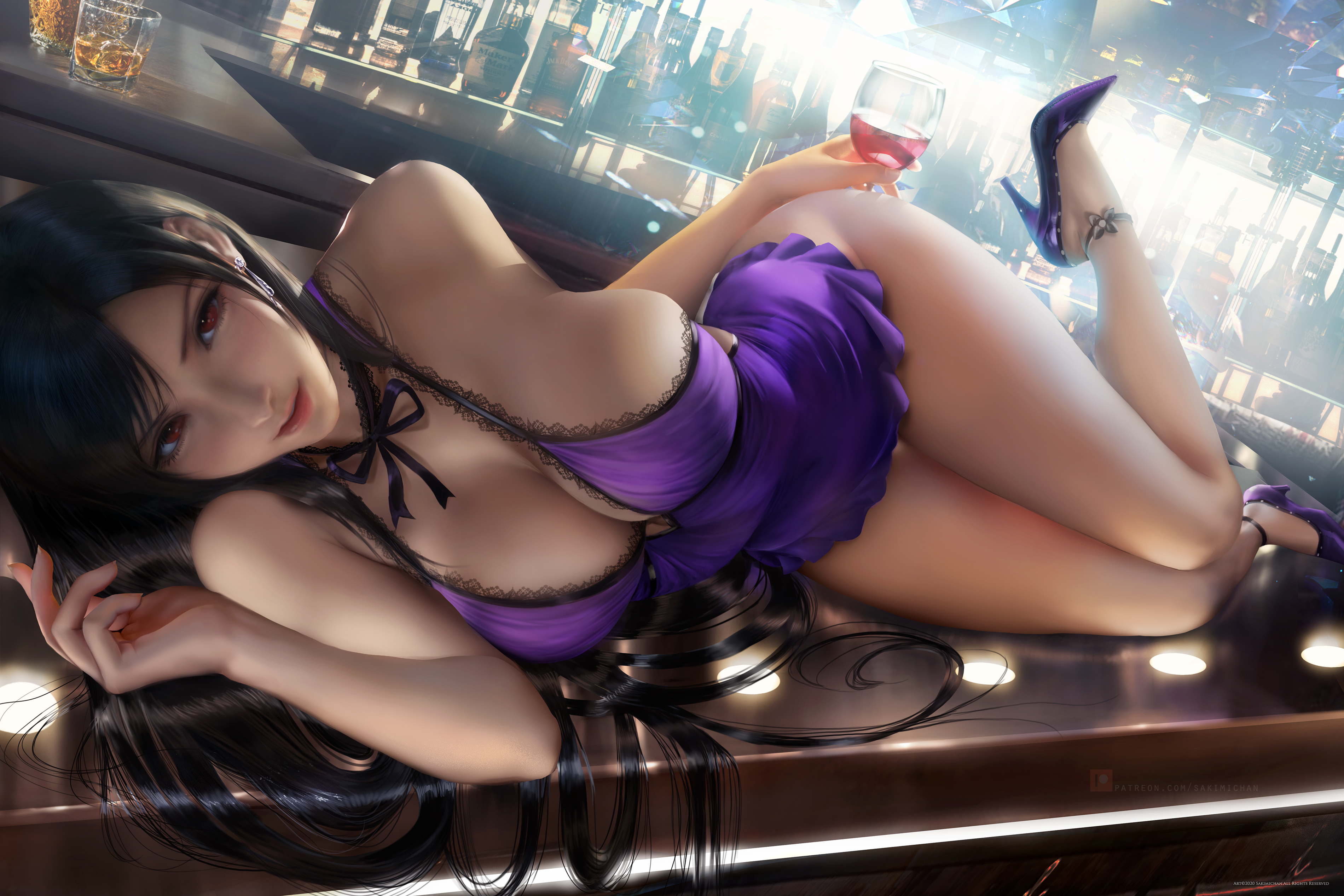 breasts, dress, female, final fantasy, final fantasy vii, huge breasts, laying down, realistic, sakimichan, tifa lockhart, tifa lockhart (refined dress)