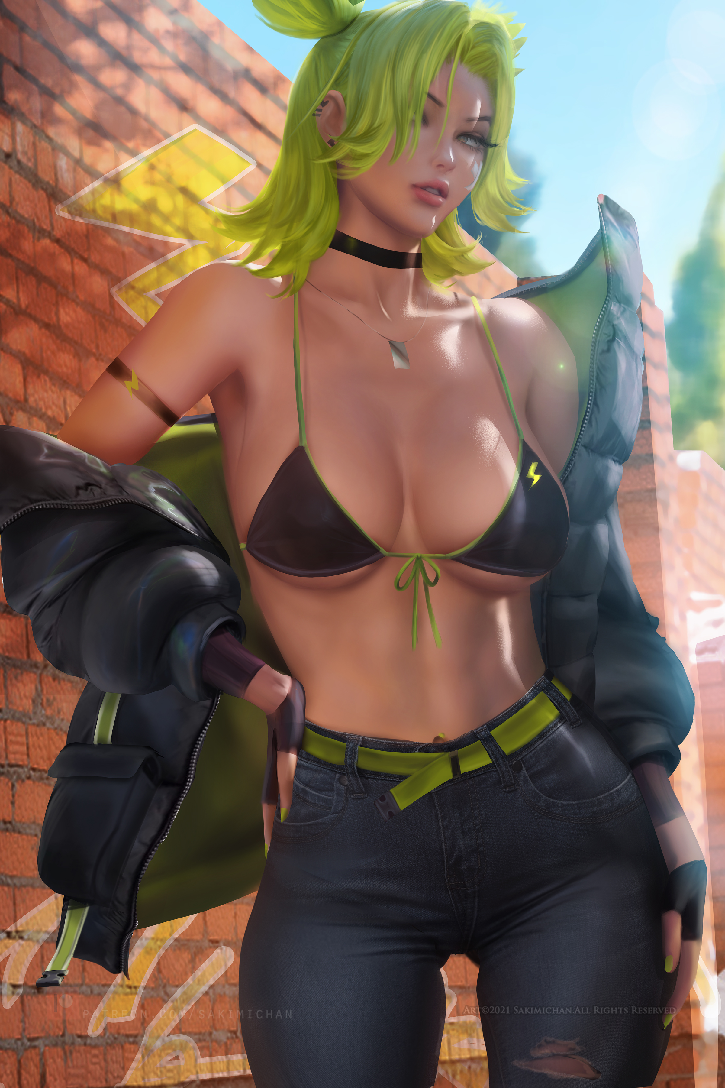 ass visible through thighs, big breasts, breasts, female, hourglass figure, league of legends, riot games, sakimichan, thick thighs, zeri (league of legends)
