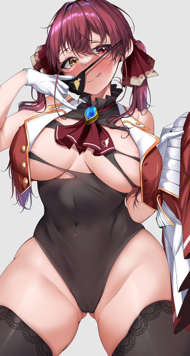 1girls 2022 :p antyobi0720 areola_slip areolae ass_visible_through_thighs bangs bare_shoulders black_legwear black_leotard blush breasts cameltoe covered_navel eyepatch eyepatch_pull female female_focus female_only gloves heterochromia hololive hololive_fantasy hololive_japan houshou_marine leotard long_hair looking_at_viewer purple_eyes purple_hair skirt skirt_removed smile solo solo_female thighhighs tongue tongue_out twintails virtual_youtuber white_gloves yellow_eyes