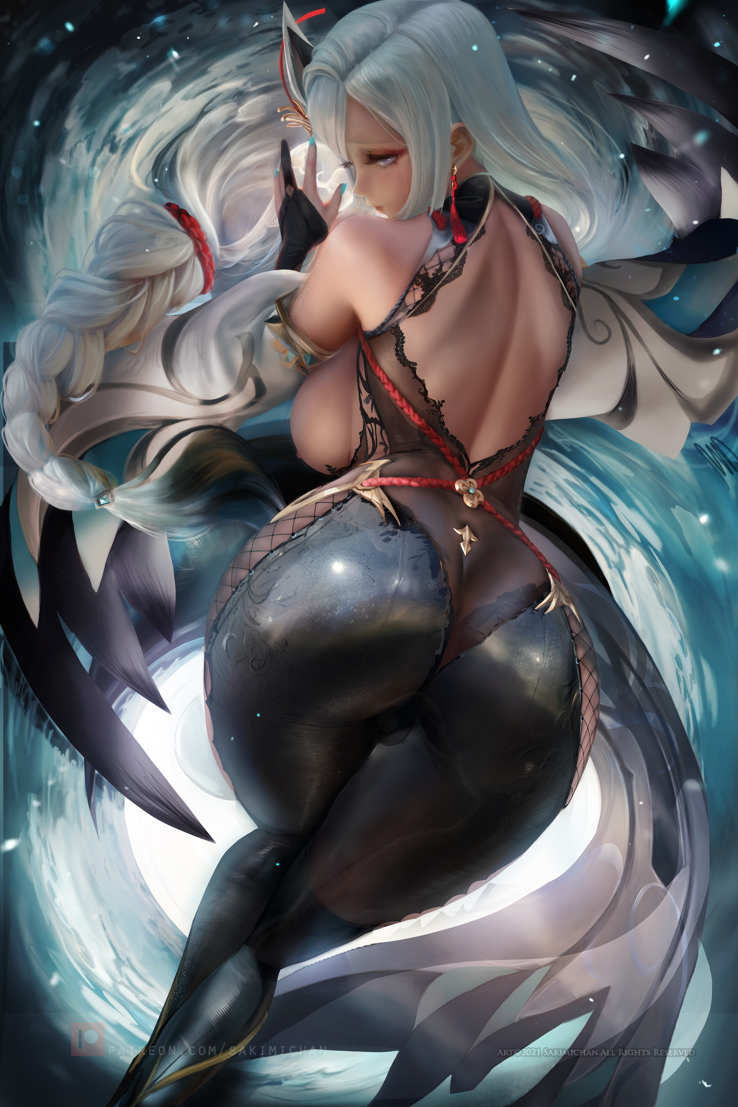 ass, bent over, big ass, big breasts, breasts, female, genshin impact, huge ass, nipples, sakimichan, shenhe (genshin impact), sideboob, thick thighs
