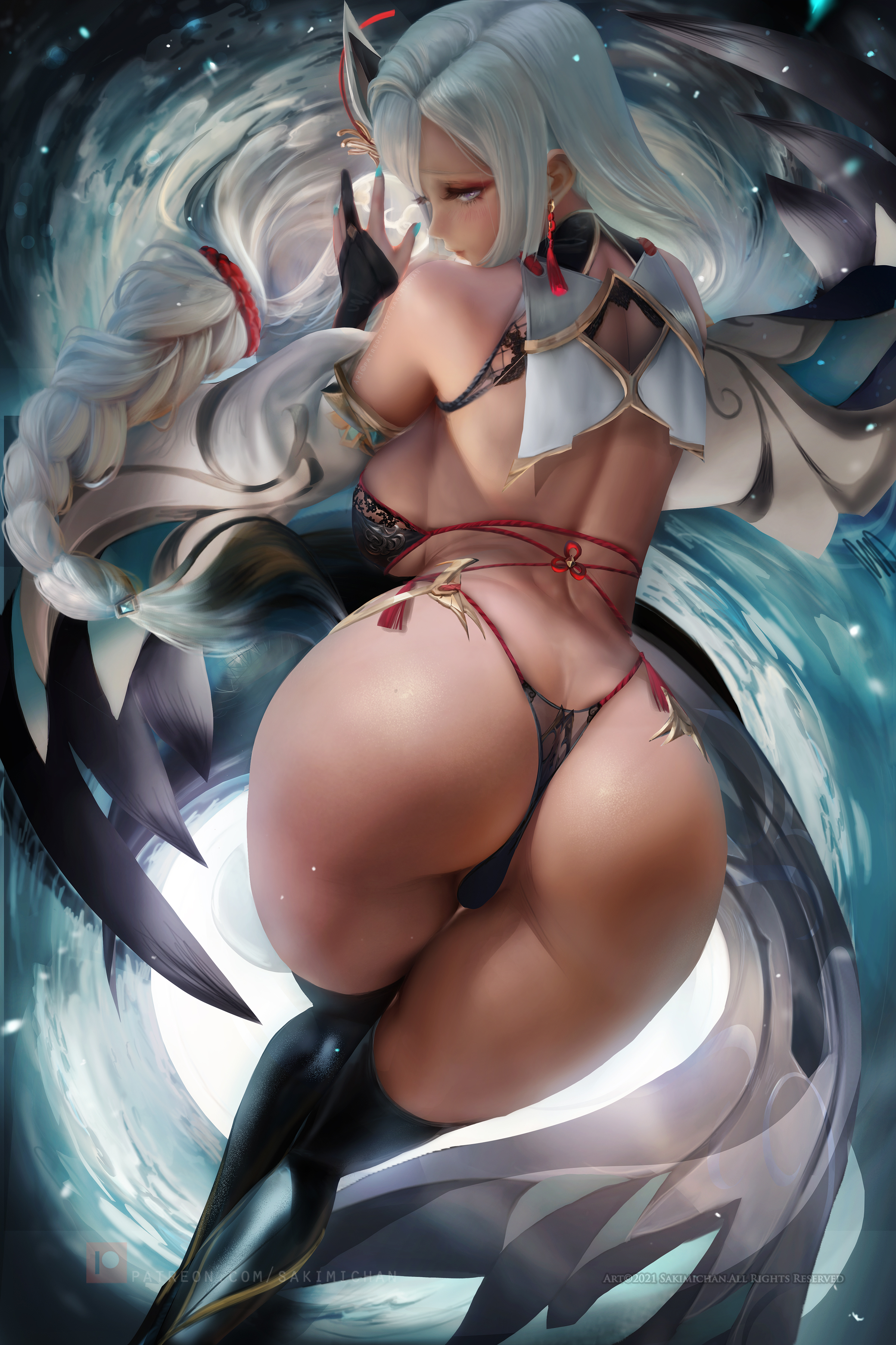 ass, bent over, big ass, big breasts, breasts, female, genshin impact, huge ass, sakimichan, shenhe (genshin impact), sideboob, thick thighs