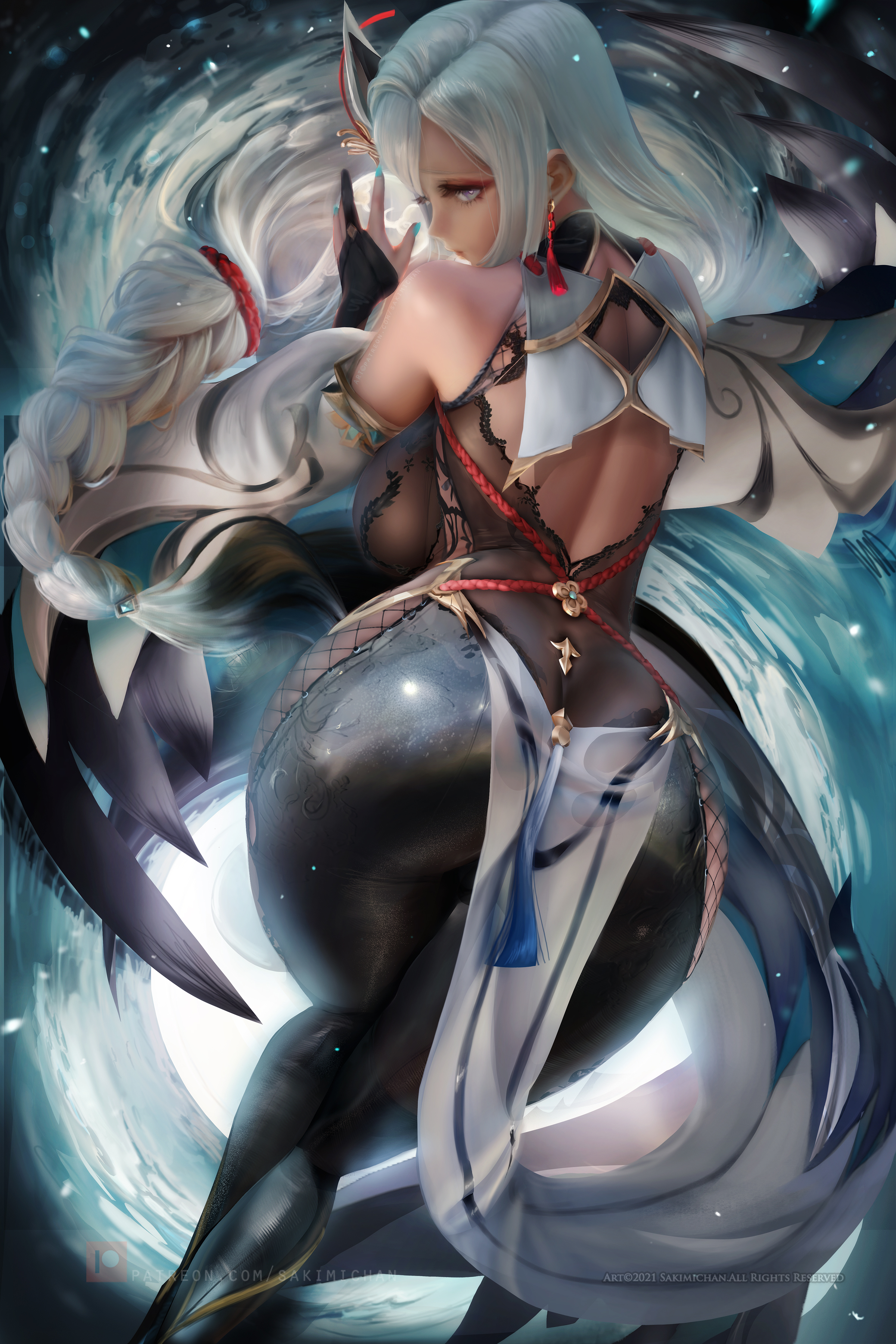 ass, bent over, big ass, big breasts, braided hair, breasts, clothing, female, genshin impact, huge ass, sakimichan, shenhe (genshin impact), sideboob, solo focus, thick thighs, white hair