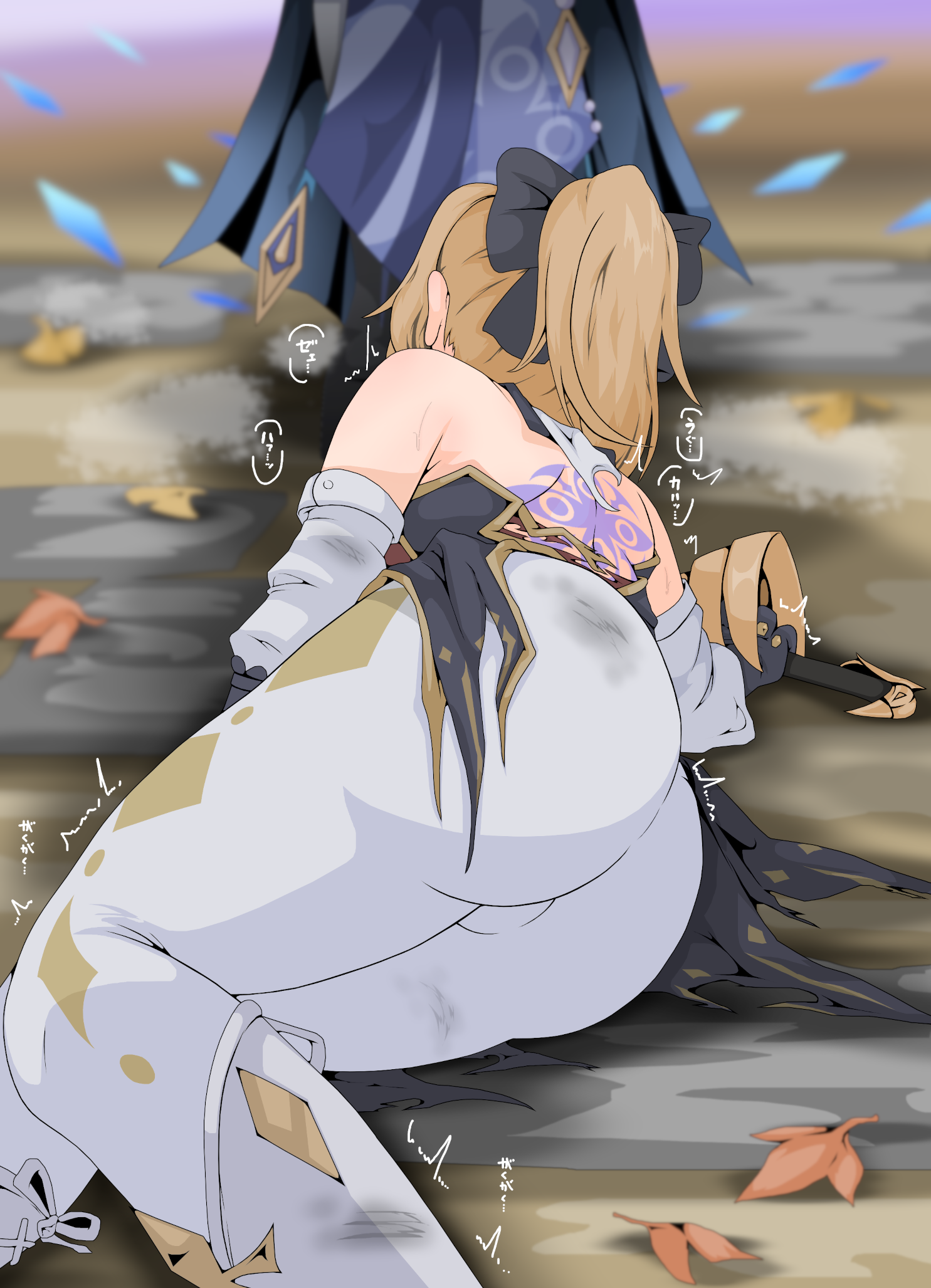 2girls, alternate version at source, ass, big ass, clothed, clothing, defeated, defeated heroine, fatui mirror maiden (genshin impact), female, fully clothed, genshin impact, higher resolution duplicate, human, jean gunnhildr, light skin, light-skinned female, multiple females, multiple girls, tattoo, tight clothing, ttptt