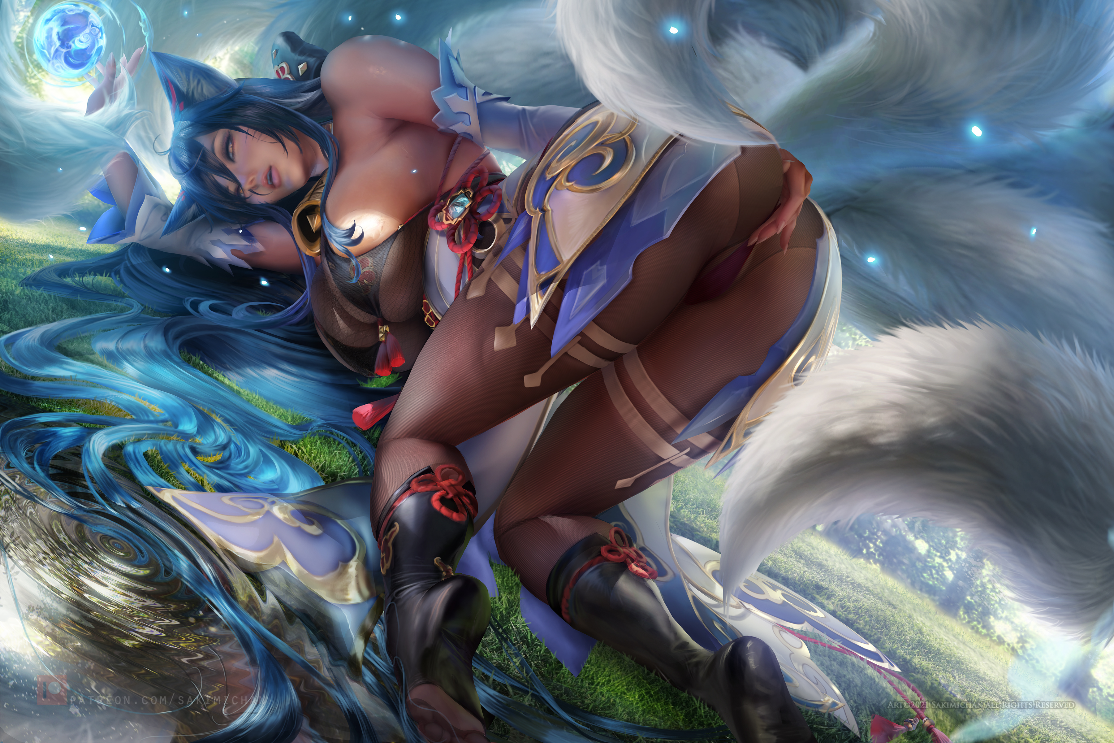 1girls, ahri, big breasts, breasts, cosplay, crossover, face down ass up, female, ganyu (genshin impact) (cosplay), genshin impact, league of legends, looking at viewer, overflowing breasts, sakimichan, see-through clothing, thick thighs