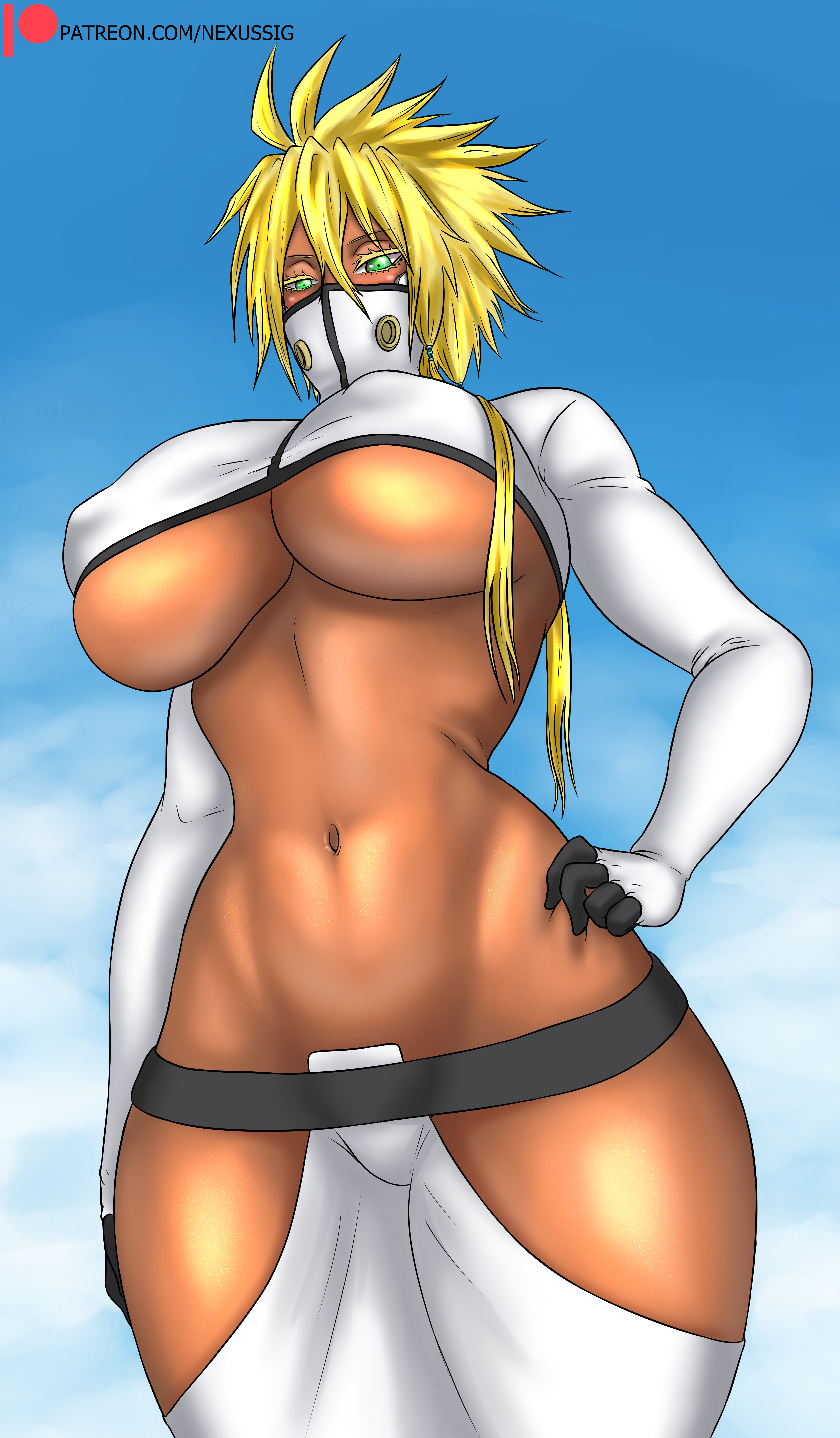 almost naked, big breasts, bleach, braids, breasts, brown skin, busty, clothed, clothed female, covered mouth, crop top, cropped jacket, curvaceous, curvy, curvy body, curvy female, curvy figure, dark skin, dark-skinned female, eyelashes, female, female only, fit, fit female, gloves, green eyes, hand on waist, high collar, hourglass figure, huge breasts, impossible clothes, jacket, mask, midriff, mostly nude, nexus-sig, no bra, no panties, no underwear, patreon username, revealing clothes, shiny, shiny hair, shiny skin, short hair, short hair with long locks, skindentation, slim waist, solo, solo focus, spiky hair, standing, thunder thighs, tia harribel, twin braids, underboob, url, voluptuous, watermark, web address, yellow hair