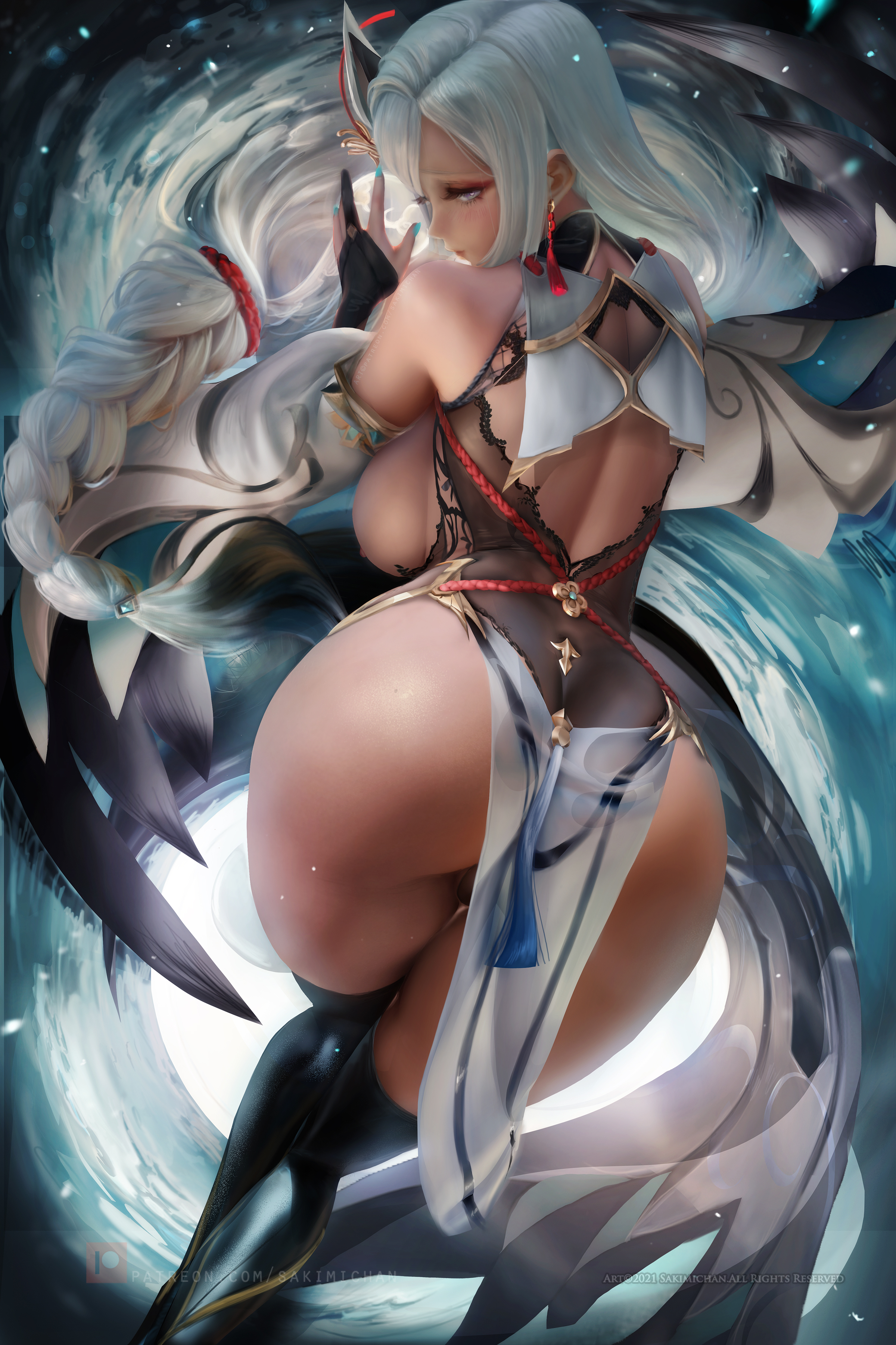 ass, bent over, big ass, big breasts, breasts, female, genshin impact, huge ass, nipples, sakimichan, shenhe (genshin impact), sideboob, thick thighs