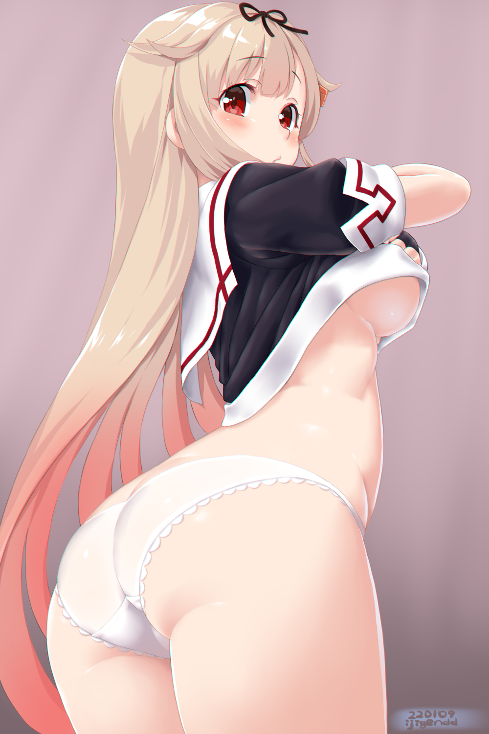 ass ass_cleavage black_ribbon blonde_hair blush breasts butt_crack cowboy_shot dd_(ijigendd) eyebrows_visible_through_hair female fingerless_gloves from_behind gloves hair_flaps hair_ornament hair_ribbon hairclip highres kantai_collection large_breasts long_hair looking_at_viewer no_pants panties red_eyes ribbon school_uniform serafuku simple_background solo underboob underwear undressing white_panties yuudachi_(kantai_collection)