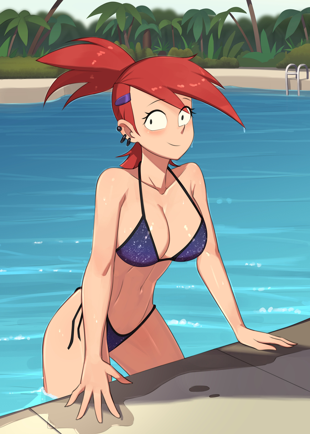 barleyshake, big breasts, bikini, breasts, cleavage, female, female only, foster's home for imaginary friends, frankie foster, hairclip, outdoors, outside, pool, red hair, smile, solo, wet, wet body