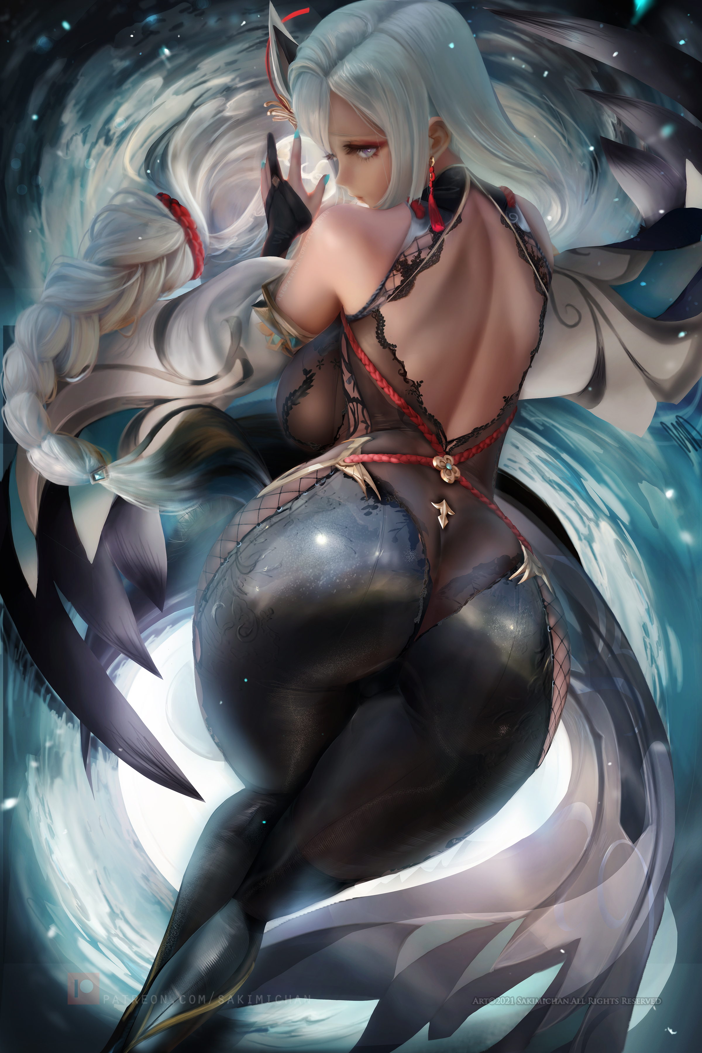 ass, bent over, big ass, big breasts, breasts, female, genshin impact, huge ass, sakimichan, shenhe (genshin impact), sideboob, thick thighs