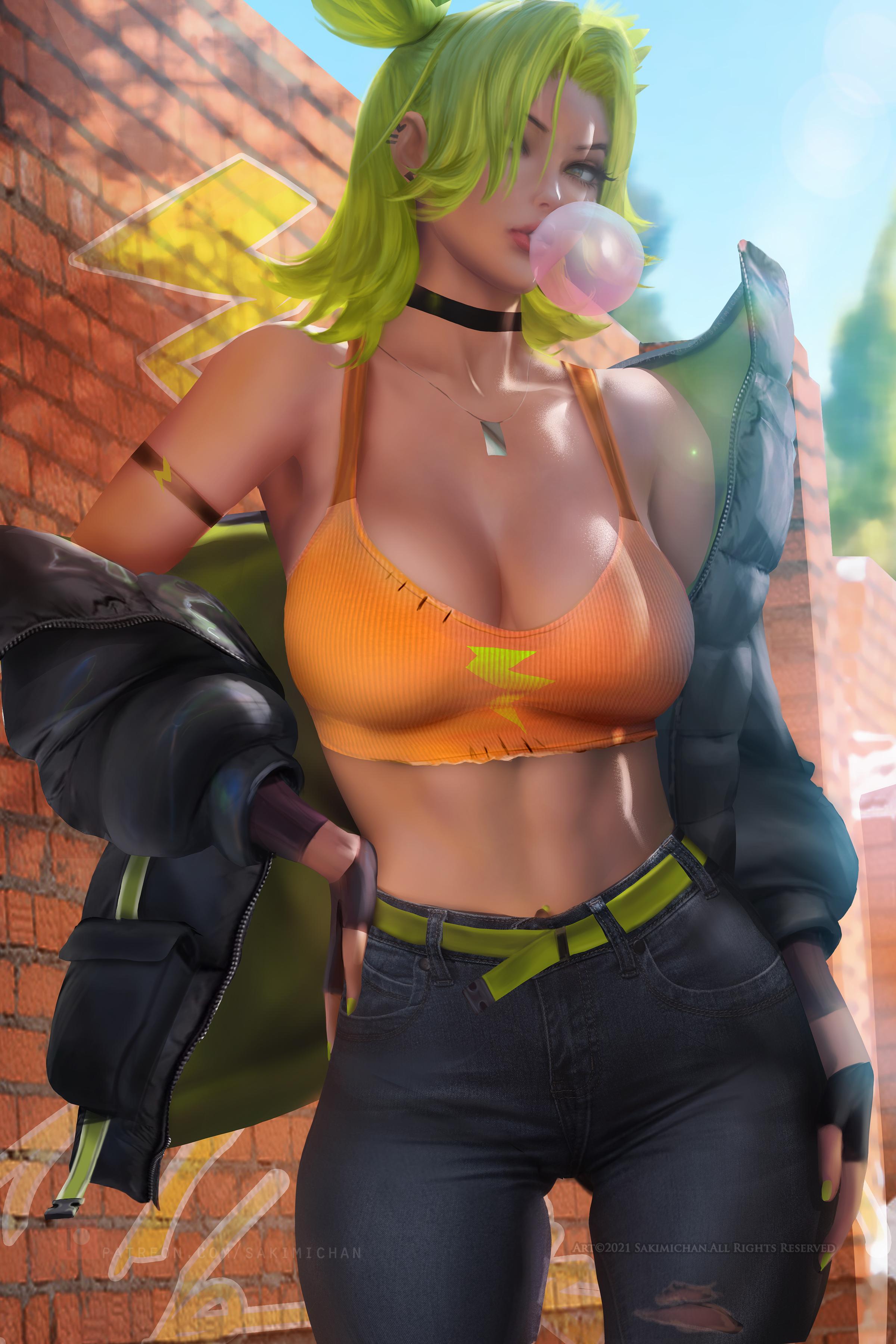 1girls, 2021, 2022, 3d, 3d (artwork), abs, alternate version available, artist name, ass visible through thighs, big breasts, blowing bubblegum, breasts, brick wall, bubble gum, choker, cleavage, clothed, clothed female, day, female, female only, fingerless gloves, green hair, hourglass figure, human, human only, jeans, large breasts, league of legends, looking at viewer, midriff, necklace, realistic breast size, realistic proportions, riot games, sakimichan, sfw, solo, solo female, tank top, thick thighs, wall (structure), watermark, zeri (league of legends)