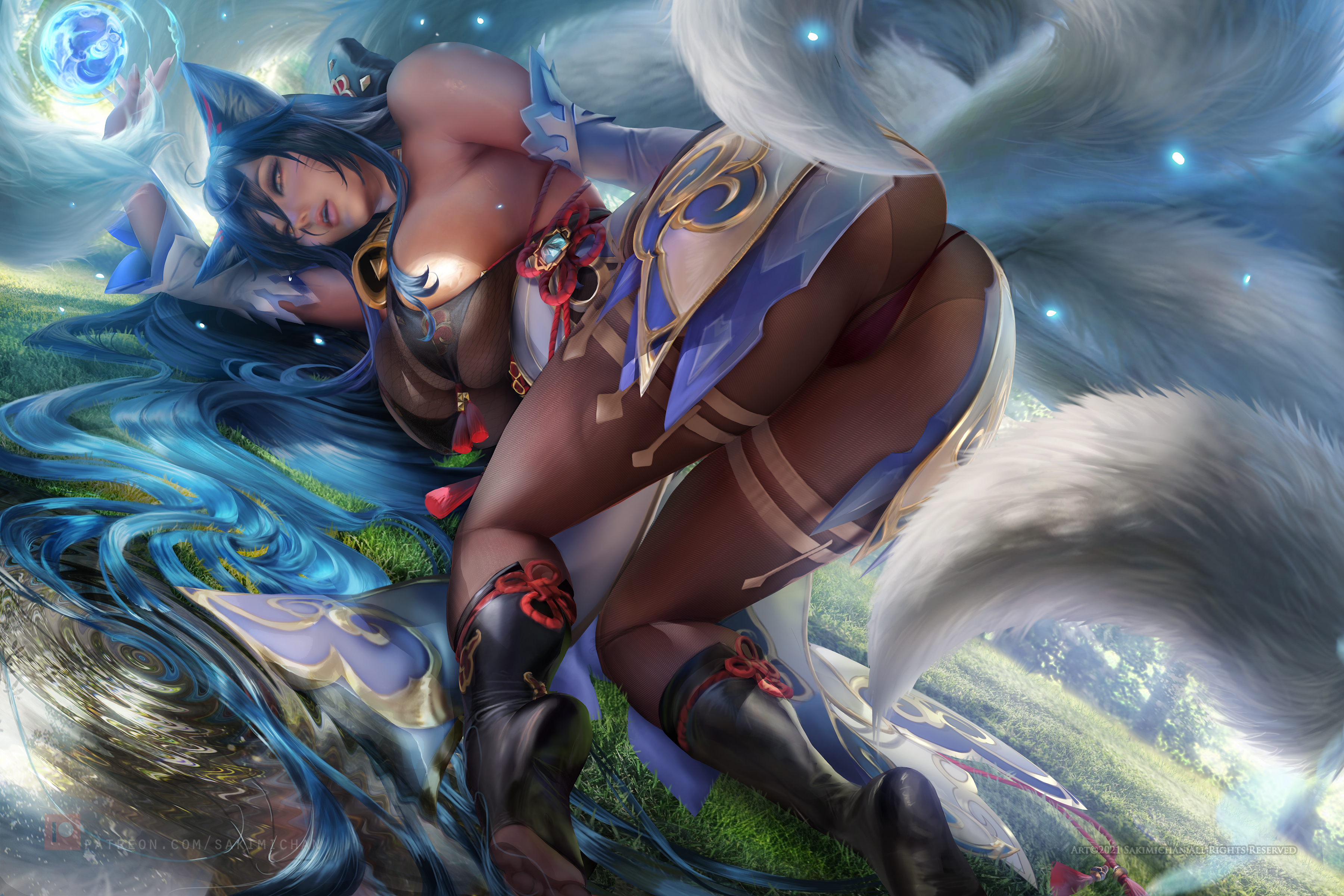ahri, big breasts, breasts, cosplay, crossover, face down ass up, female, ganyu (genshin impact) (cosplay), genshin impact, league of legends, sakimichan, thick thighs