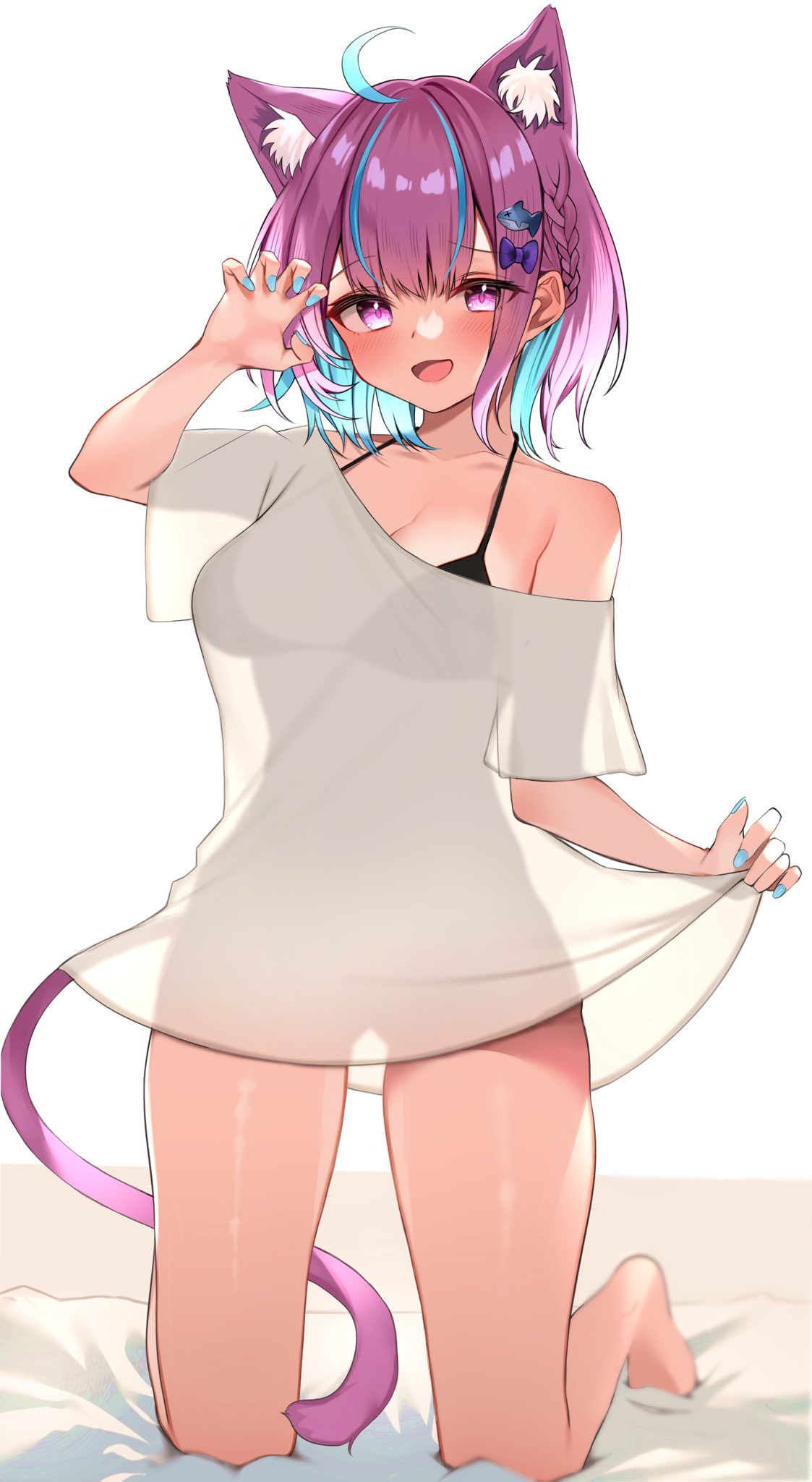 :d, animal ear fluff, animal ears, bangs, bare legs, barefoot, bikini, bikini under clothes, black bikini, blue hair, blue nails, blush, bow, braid, cat ears, claw pose, commentary request, eyebrows visible through hair, female, full body, hair ornament, hairbow, halter top, halterneck, hand up, highres, hololive, hololive gen 2, hololive japan, kneeling, looking at viewer, minato aqua, multi ear, multicolored hair, nail polish, pink eyes, pink hair, purple bow, rei (rei 9146), see-through silhouette, shark hair ornament, short hair, simple background, smile, solo, string bikini, swimsuit, two-tone hair, virtual youtuber, white background