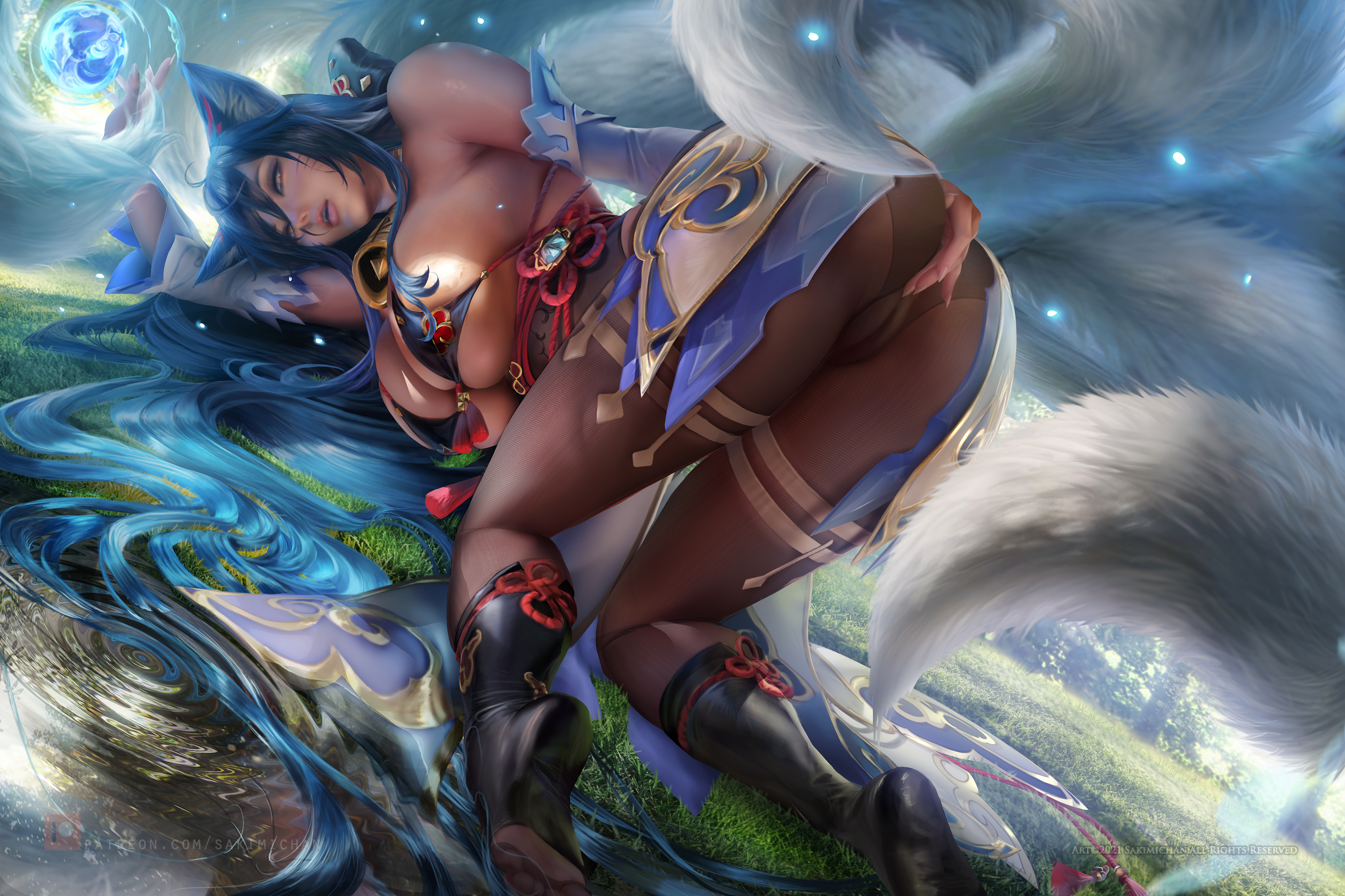 ahri, big breasts, breasts, face down ass up, female, league of legends, sakimichan, thick thighs