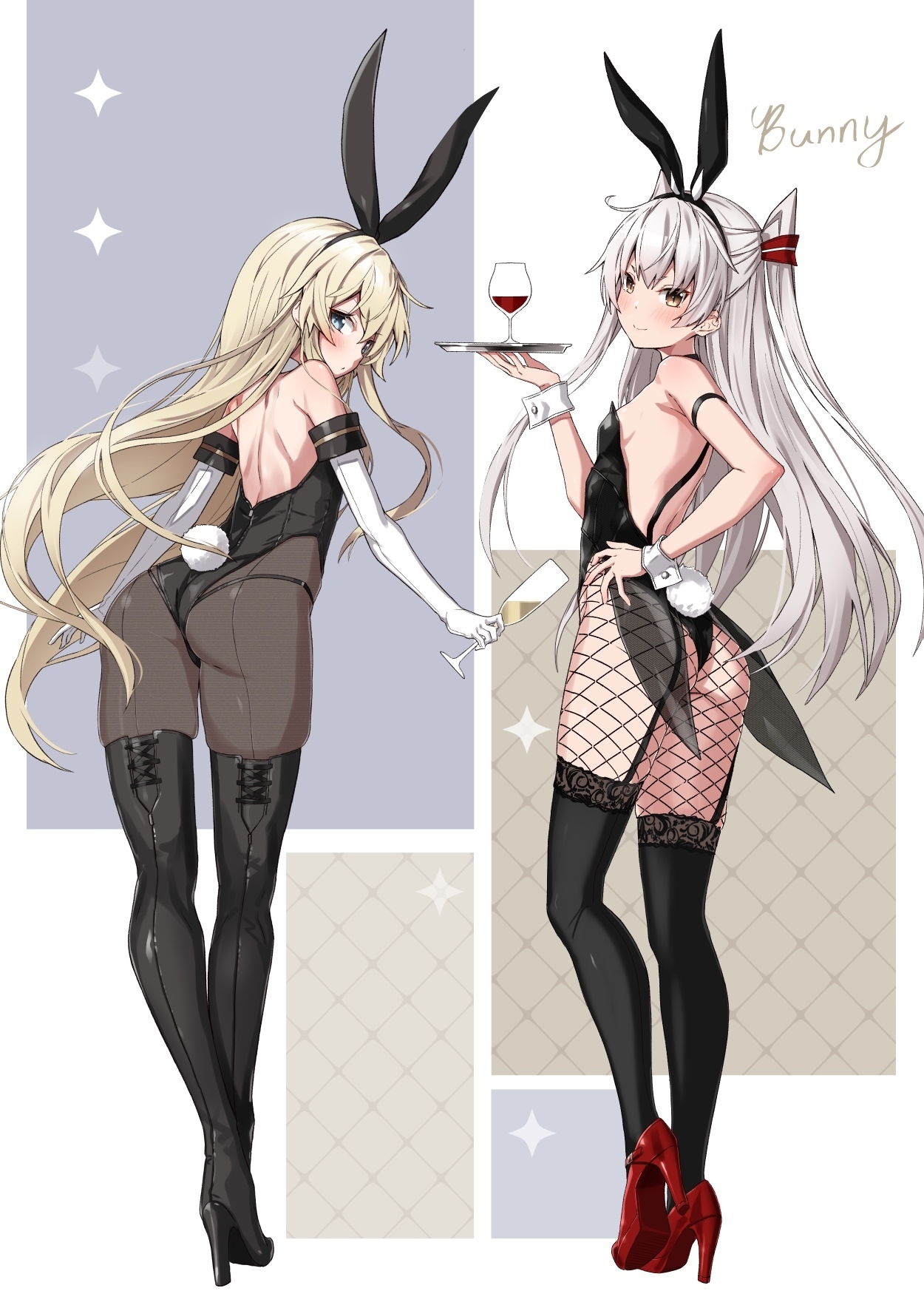 2girls, amatsukaze (kantai collection), animal ears, black footwear, black leotard, black pantyhose, black thighhighs, blonde hair, blue eyes, blush, boots, brown eyes, cup, detached collar, elbow gloves, fake animal ears, female, female only, full body, gloves, grey hair, hair between eyes, high heel boots, high heels, highres, holding, holding cup, holding tray, kantai collection, leotard, long hair, looking at viewer, looking back, multiple females, multiple girls, pantyhose, parted lips, playboy bunny, rabbit ears, rabbit tail, red footwear, shimakaze (kantai collection), tail, takanashi kei (hitsujikan), thigh boots, thighhighs, tray, two side up, white gloves