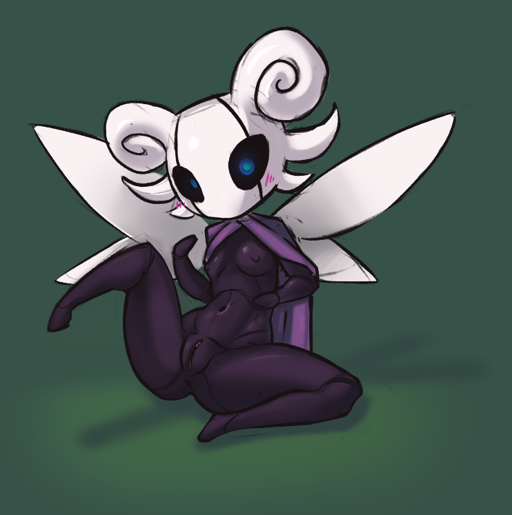 anus bent_legs black_body breasts cape clothing fan_character female genitals hollow_knight jittermodo looking_at_viewer navel nipples nude one_leg_up pussy raised_leg simple_background sitting solo spread_legs spreading team_cherry vessel_(species) video_games wings