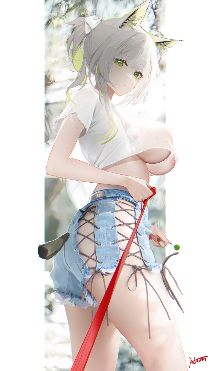 animal_ears areola_slip areolae arknights ass bangs breasts candy eyebrows_visible_through_hair female food highres kal'tsit_(arknights) leash lollipop looking_at_viewer midriff omone_hokoma_agm ponytail red_nails shirt shorts solo t-shirt underboob white_hair