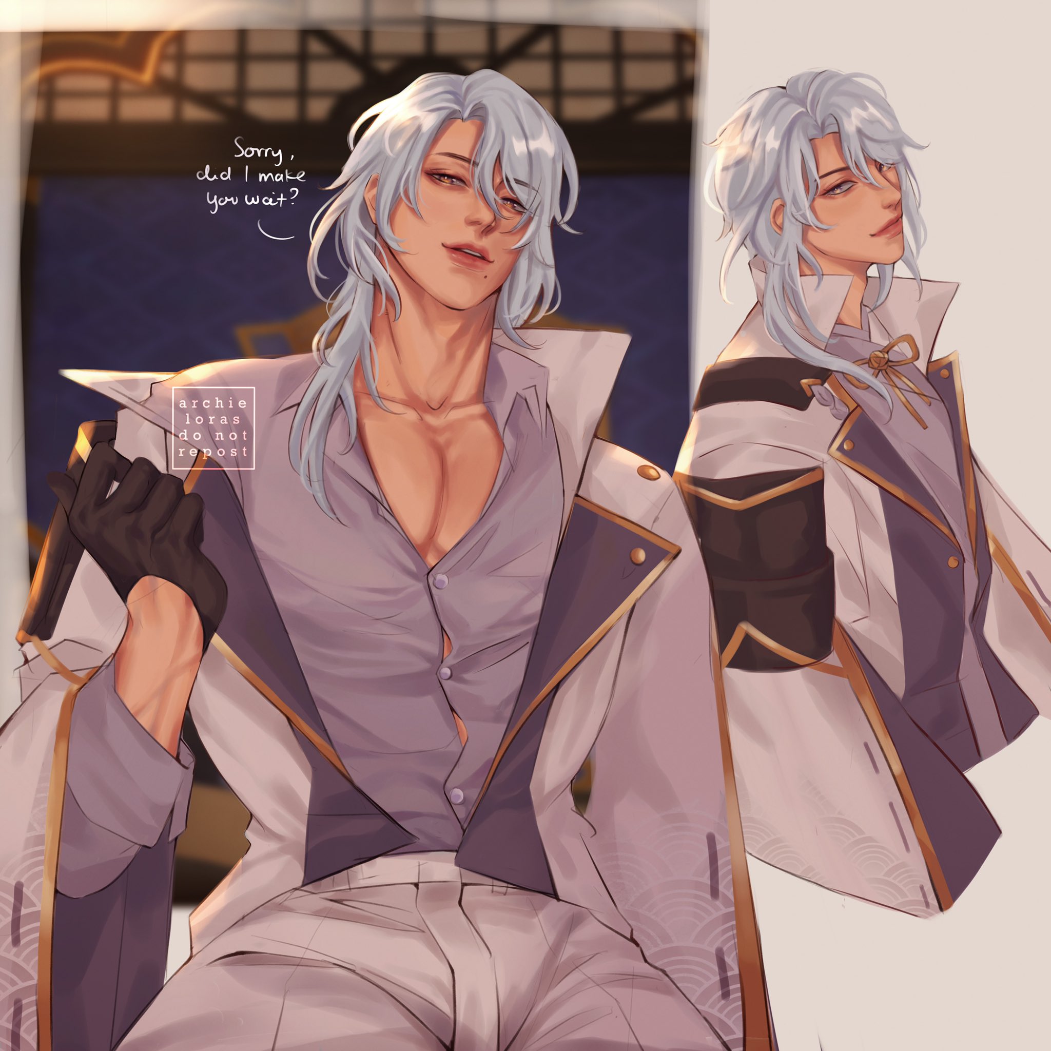 abs, big pecs, big penis, blue eyes, clothed, daddy, genshin impact, kamisato ayato, male, male only, muscles, muscular, muscular male, penis, white hair, yaoi