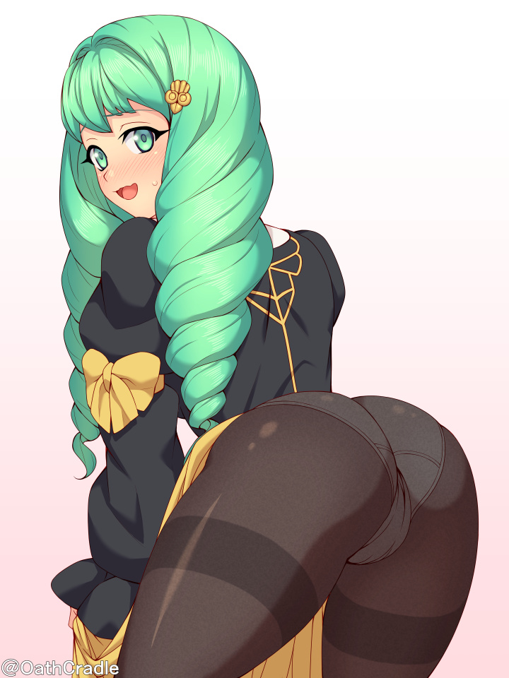 ass back black_legwear blush cowboy_shot dat_ass drill_hair embarrassed female fire_emblem fire_emblem:_three_houses flayn_(fire_emblem) from_behind garreg_mach_monastery_uniform gradient gradient_background green_eyes green_hair hair_ornament huge_ass leaning_forward long_hair looking_at_viewer looking_back nintendo oathcradle open_mouth panties panties_under_pantyhose pantyhose pantylines pink_background rere_(yusuke) simple_background solo sweatdrop twin_drills twitter_username underwear wavy_mouth