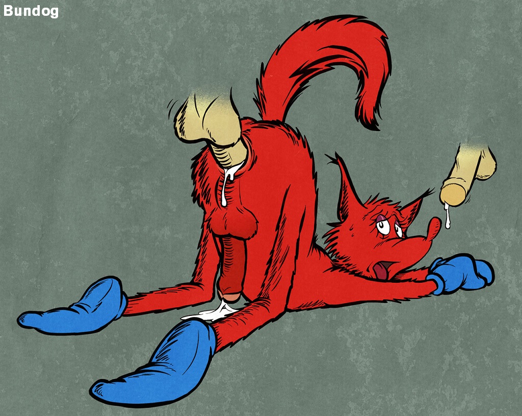 3boys anal anal_sex anthro blue_gloves blue_socks bundog cum dr_seuss dripping_cum eyelashes fox fox_in_socks furry gay glove interspecies male male_only open_mouth red_fur socks yaoi