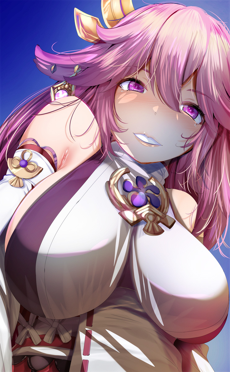 1girls, 2022, animal ears, armpit crease, bad id, blue sky, blush, breasts, clothed female, detached sleeves, ear piercing, female, female only, fox ears, fox girl, fumihiko (pixiv2658856), genshin impact, hair ornament, huge breasts, kitsune, light blush, long hair, looking at viewer, miko, outdoors, pink hair, purple eyes, shrine maiden, simple background, smile, white clothing, yae miko