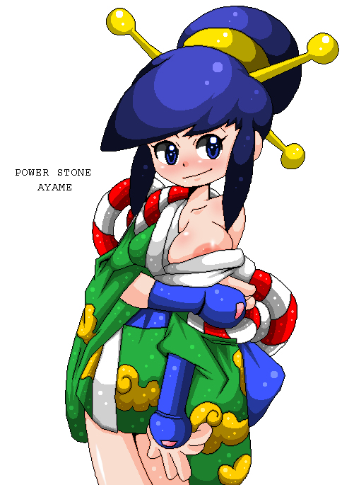 1girls ayame_(power_stone) bashful big_breasts blue_eyes blue_hair blush breasts capcom female flashing_breasts kimono kunoichi large_breasts ninja nipple_slip nipples pixel_art power_stone side_nipple teenager tomboy 青き光