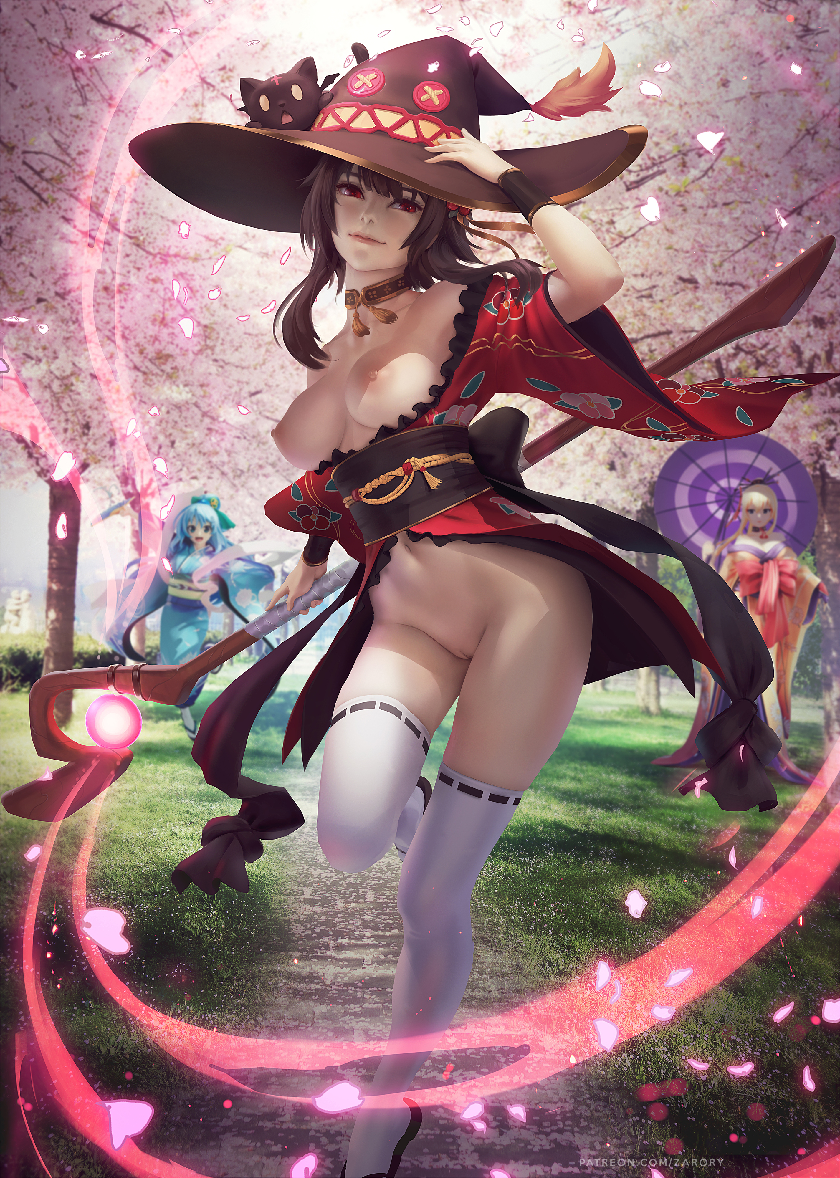 3girls, aqua (konosuba), areolae, breasts, brown hair, casual, choker, clothing, darkness (konosuba), female, female only, functionally nude, hat, highres, human, kimono, kono subarashii sekai ni shukufuku wo!, legwear, looking at viewer, megumin, multiple females, multiple girls, naked footwear, navel, nipples, nonsexual, nonsexual nudity, outerwear, pale skin, public, pussy, red eyes, staff, thighhighs, uncensored, zarory