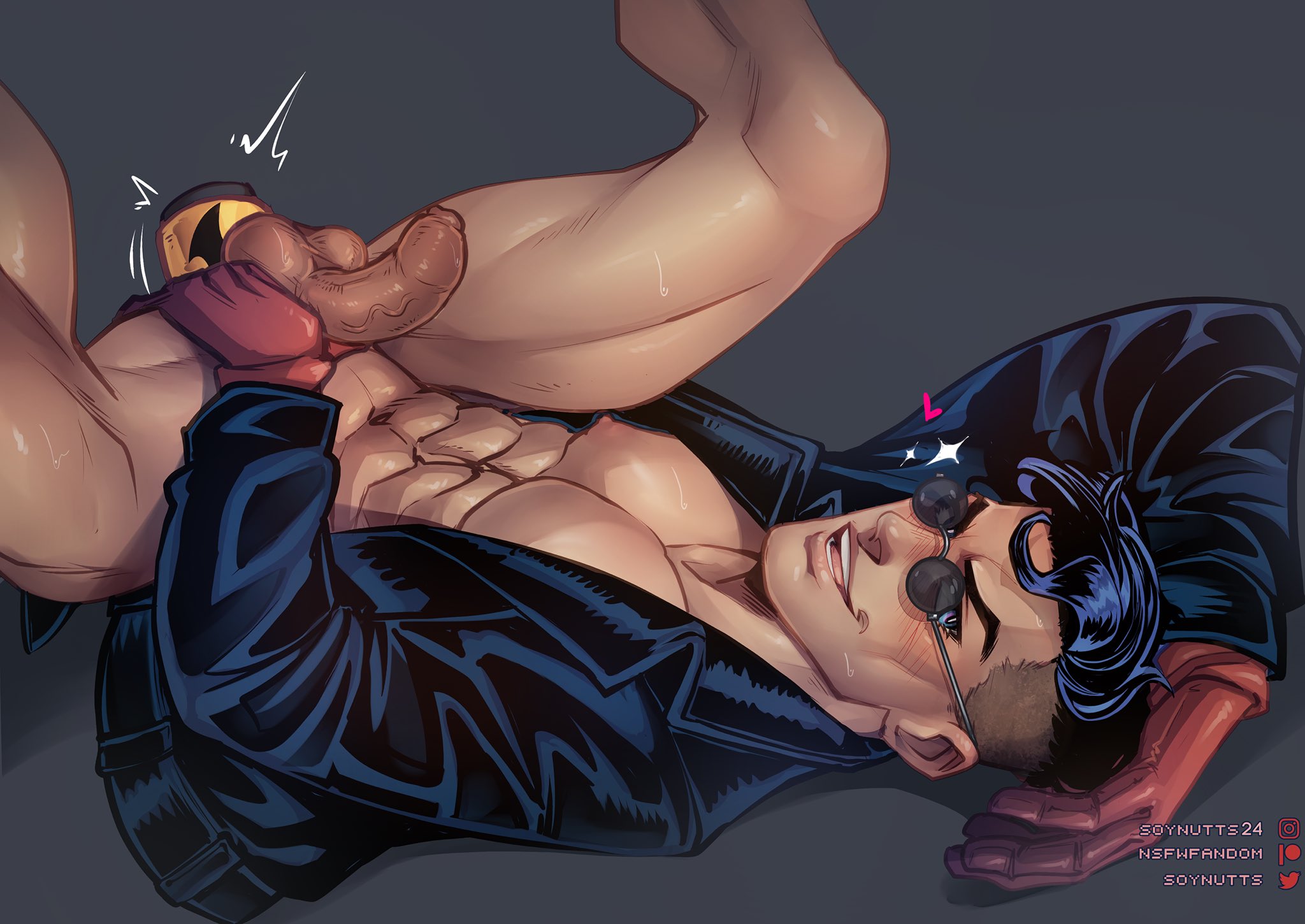 1boy, abs, anal plug, artist name, ass, black hair, blue eyes, buttplug, conner kent, dc, dc comics, gay, gay male, highres, jacket, kon-el, looking over eyewear, looking over glasses, looking over sunglasses, male, male only, masturbation, penis, short hair, smile, solo, soynutts, sunglasses, superboy, superboy (conner kent), superman (series), sweat, thighs, tinted eyewear, veiny penis, yaoi