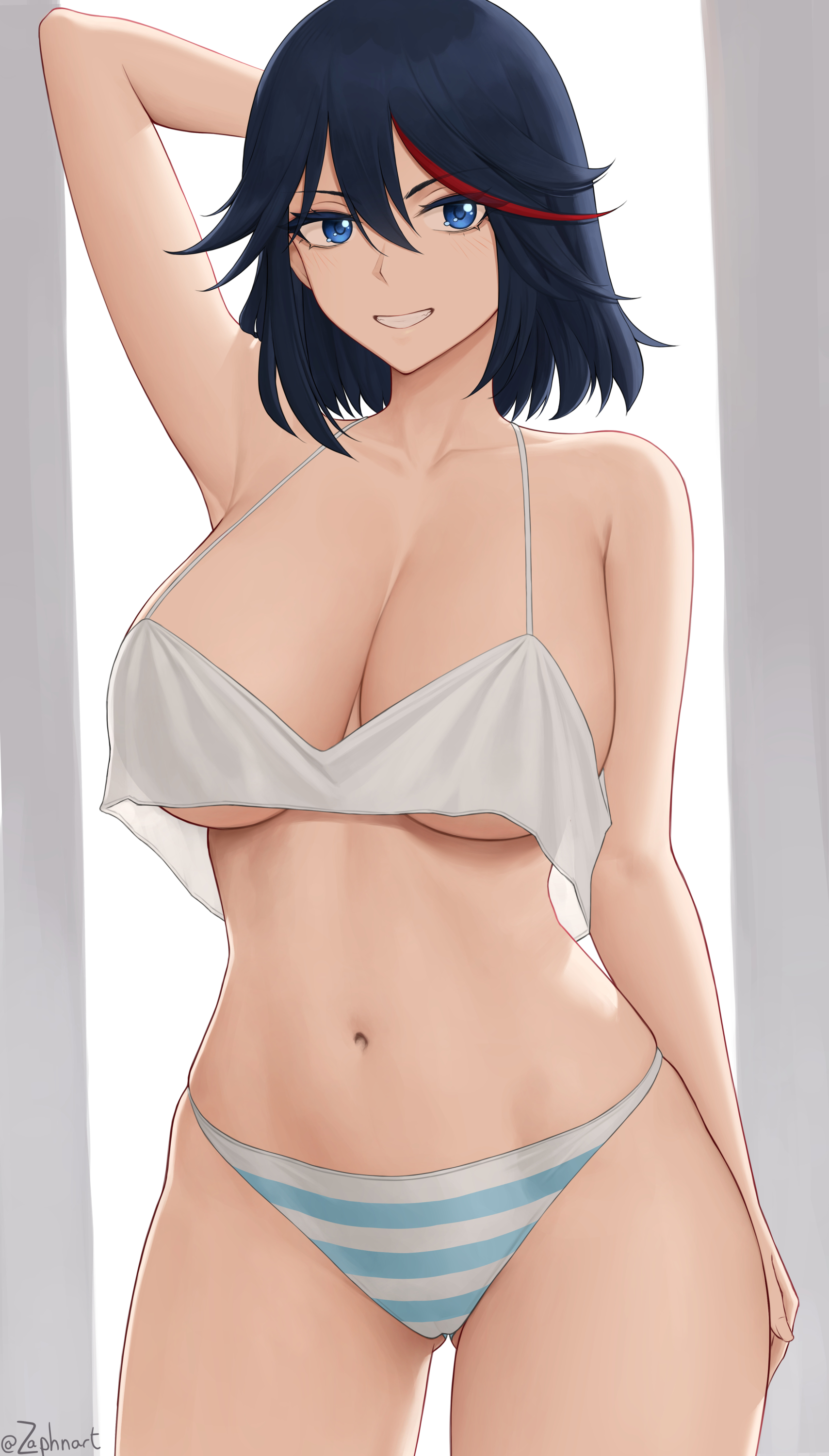 1girls, 2022, arm behind head, arm up, armpits, artist signature, belly button, black hair, black-haired female, blue and white striped panties, blue eyes, breasts, canon panties, female, female only, hi res, highlights, hips, huge breasts, indoors, kill la kill, looking at viewer, matoi ryuuko, navel, panties, red highlights, shimapan, short hair, sleepwear, slim waist, smile, striped panties, tank top, thick thighs, thighs, wide hips, zaphn