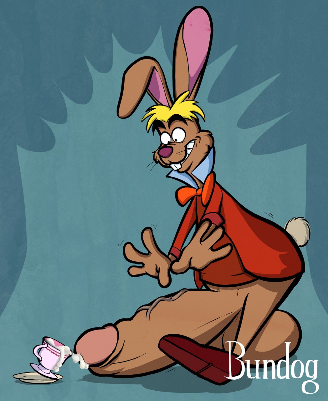 alice_in_wonderland alice_in_wonderland_(1951_film) anthro balls blonde_hair bowtie brown_fur bundog disney furry hyper hyper_penis male male_only march_hare_(disney) penis rabbit solo tail teacup testicles veiny_penis what