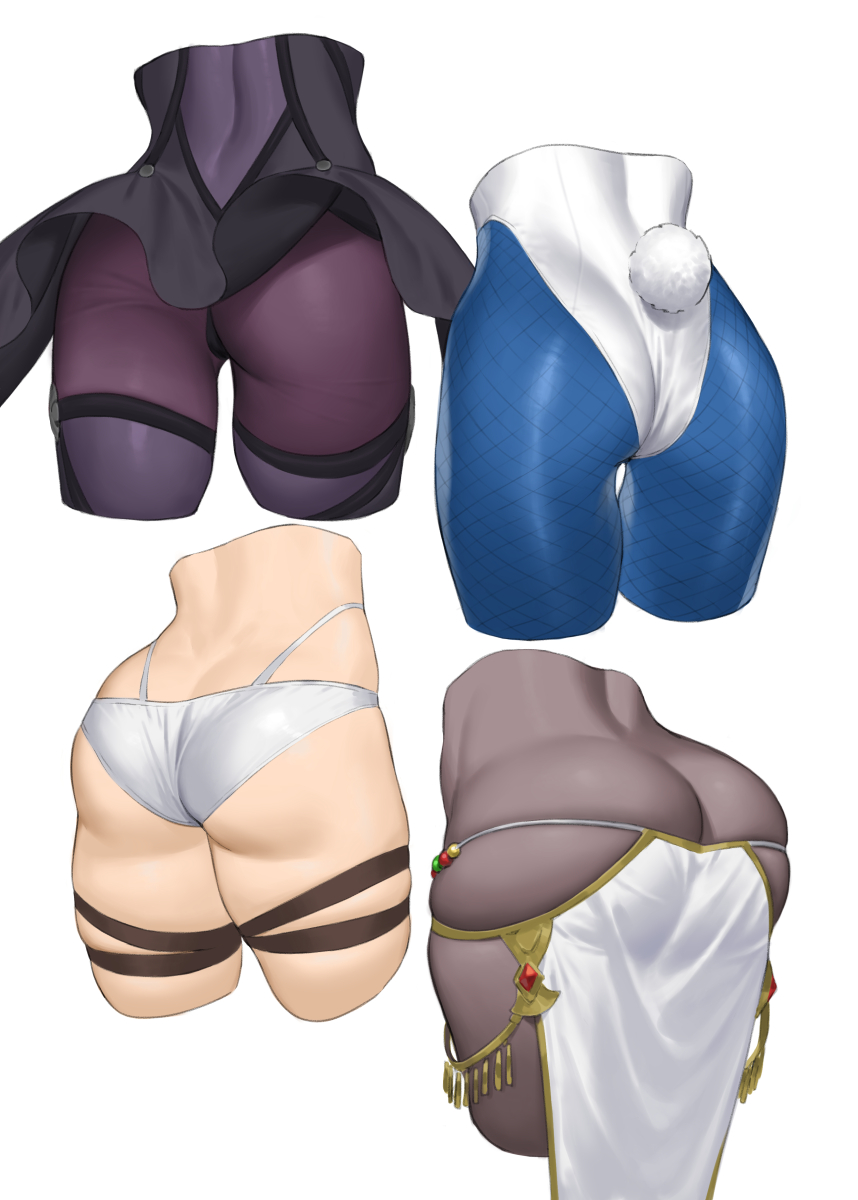 4girls artoria_pendragon artoria_pendragon_(fate) artoria_pendragon_(swimsuit_ruler) ass ass_cleavage azusa_(hws) black_skirt blue_legwear bodysuit boudica_(fate) boudica_(fate/grand_order) bunny_tail bunnysuit butt_crack dark-skinned_female dark_skin fake_tail fate/grand_order fate_(series) fishnet_legwear fishnets highres huge_ass jewelry leotard lower_body lowleg lowleg_panties multiple_girls panties pantyhose purple_bodysuit rabbit_tail scathach_(fate) scheherazade_(fate) skindentation skirt tail thigh_strap underwear