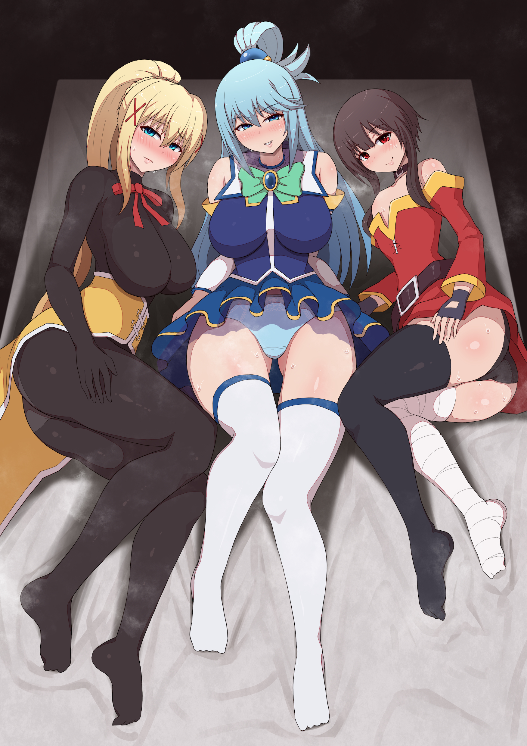 2022, 3girls, aqua (konosuba), black panties, blonde hair, blue eyes, blue hair, blush, bodysuit, breast size difference, breasts, brown hair, clothed, clothed female, darkness (konosuba), feet, female, female only, hi res, hips, huge breasts, kono subarashii sekai ni shukufuku wo!, long hair, long legs, looking at viewer, lying on back, lying on side, megumin, naughty face, no shoes, panties, pantyshot, ponpo, red eyes, short hair, slim waist, small breasts, smile, steam, steaming body, thick thighs, thighhighs, thighs, white panties, wide hips