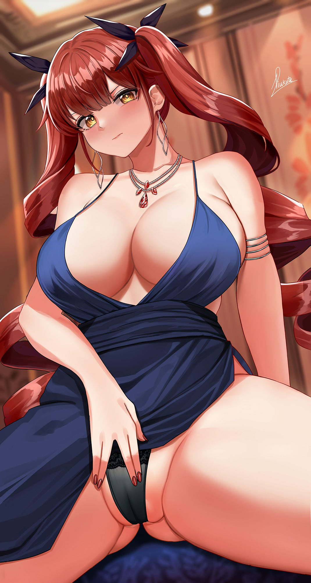 1girls, 2022, artist signature, ass visible through thighs, azur lane, black panties, blue dress, blush, breasts, cleavage, dress, earrings, elegant, elegant dress, embarrassed, female, female only, flustered, gold eyes, hair ornament, hi res, honolulu (azur lane), huge breasts, indoors, jewelry, long hair, long nails, low neckline, necklace, painted nails, panties, piukute062, red hair, spread legs, thick thighs, thighs, twintails